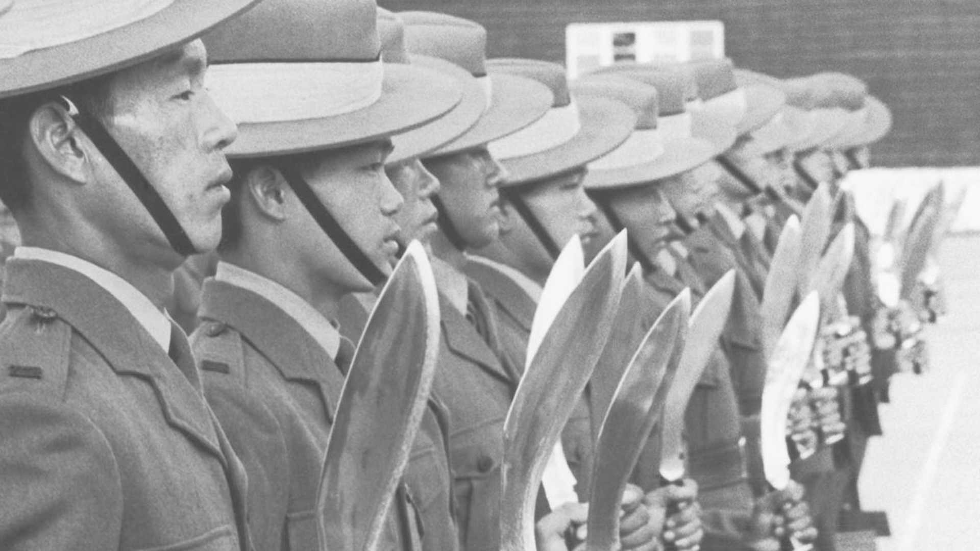Gurkha troops with Khukuri knives, during a 1971 parade. (