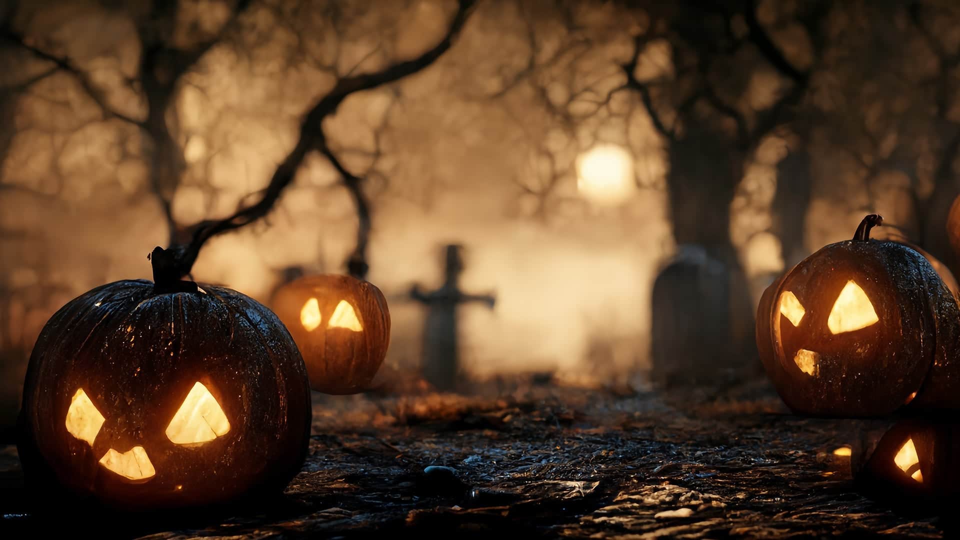 A spooky Halloween scene in a graveyard with Jack-o-lanterns.
