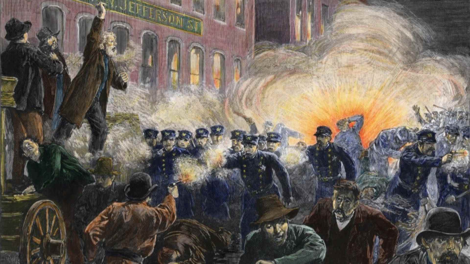 Engraving of a scene from the Haymarket Riot