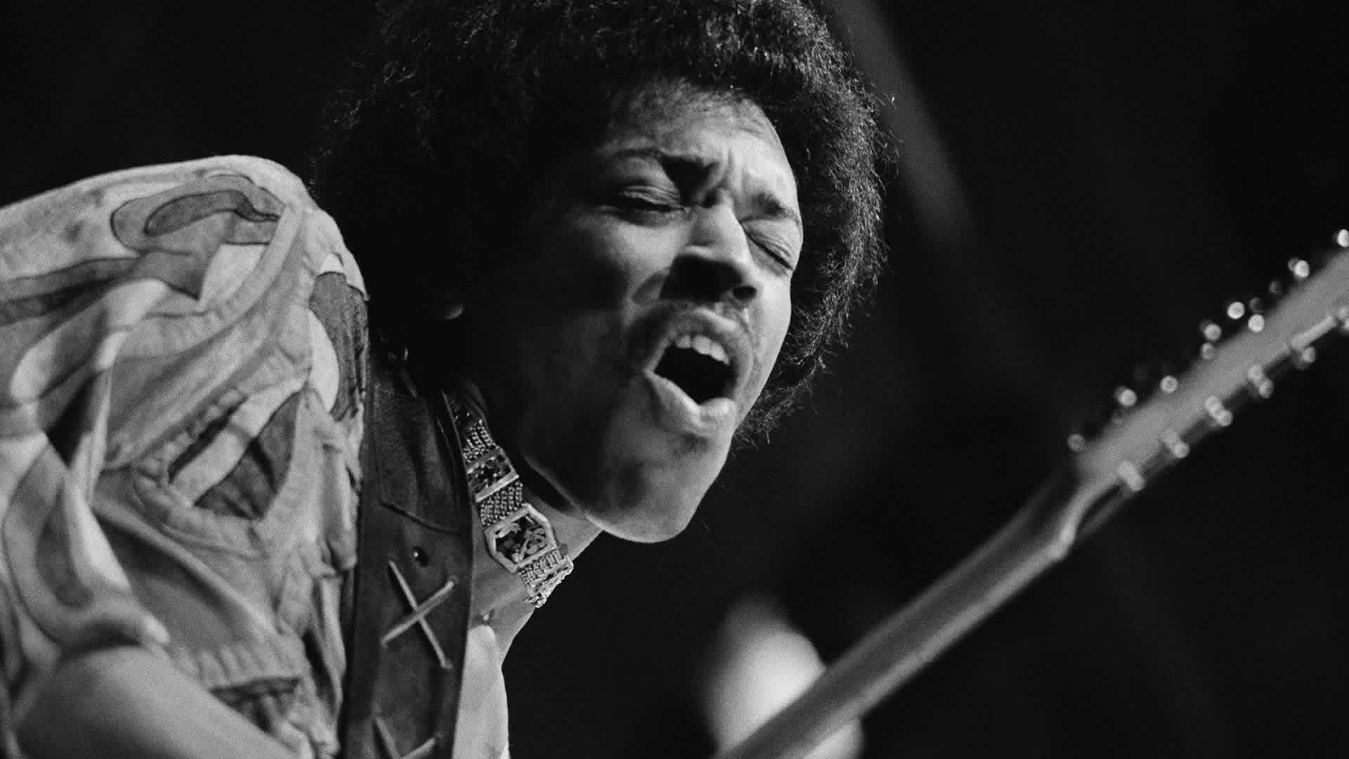 Rock guitar virtuoso Jimi Hendrix (1942-1970) caught mid guitar-break during his performance at the Isle of Wight Festival, August 1970.