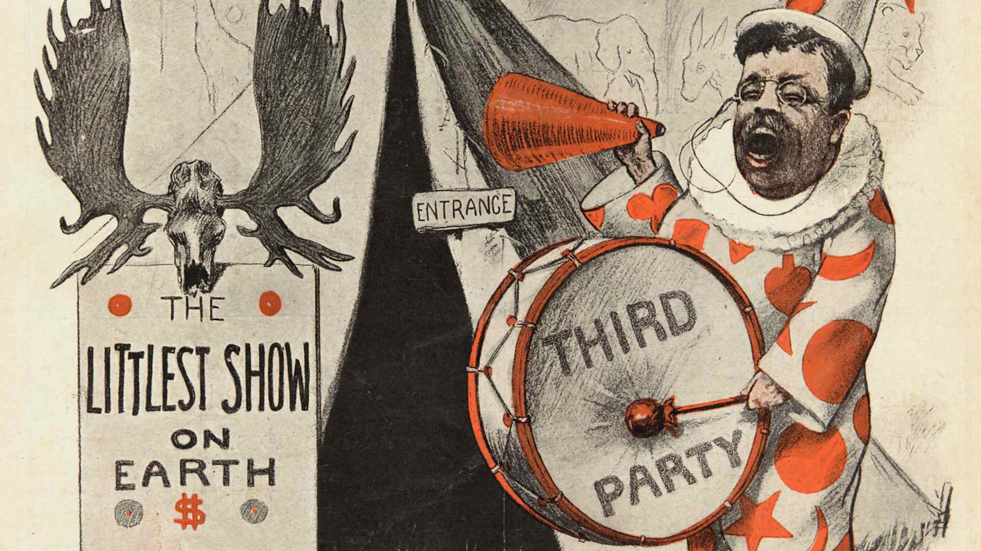 A cartoon illustrating Theodore Roosevelt trying to get support for his nomination as a third party candidate in 1912.