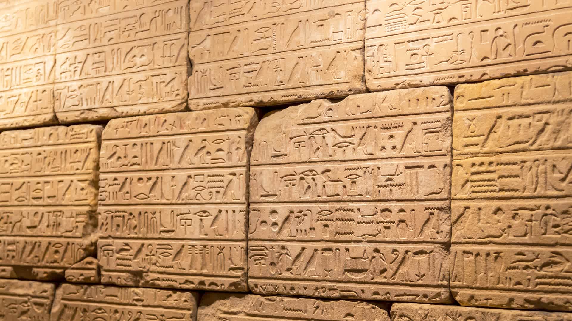 Ancient Egyptian hieroglyphs etched onto a stone wall.