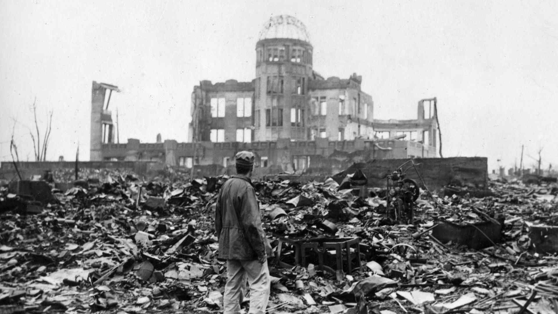 7th September 1945: View of one of the only structures left standing, one day after the U.S. dropped an atomic bomb on Hiroshima, Japan. The building, also known as the Genbaku Dome, is now the centerpiece of the Hiroshima Peace Memorial Park. (Photo by Popperfoto via Getty Images/Getty Images)