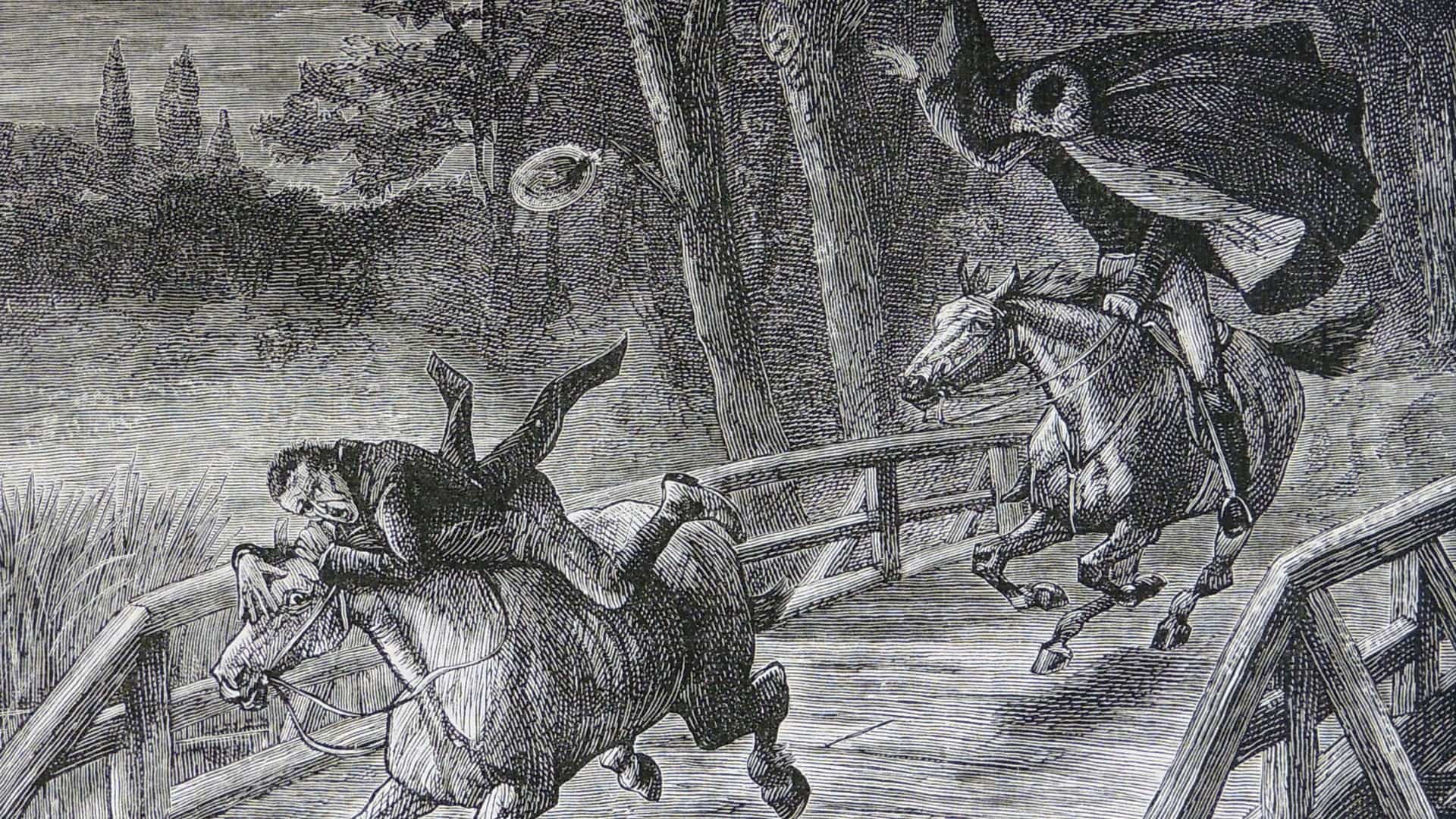 Ghosts: Ichabod terrified by the apparition of the Galloping Hessian.Ghosts, Ichabod terrified by the apparition of the Galloping Hessian. 1883 Illustration by W. Ralston for ''The Galloping Hessian'', short story by Washington Irving. (Photo by, Universal History Archive/Universal Images Group via Getty Images)