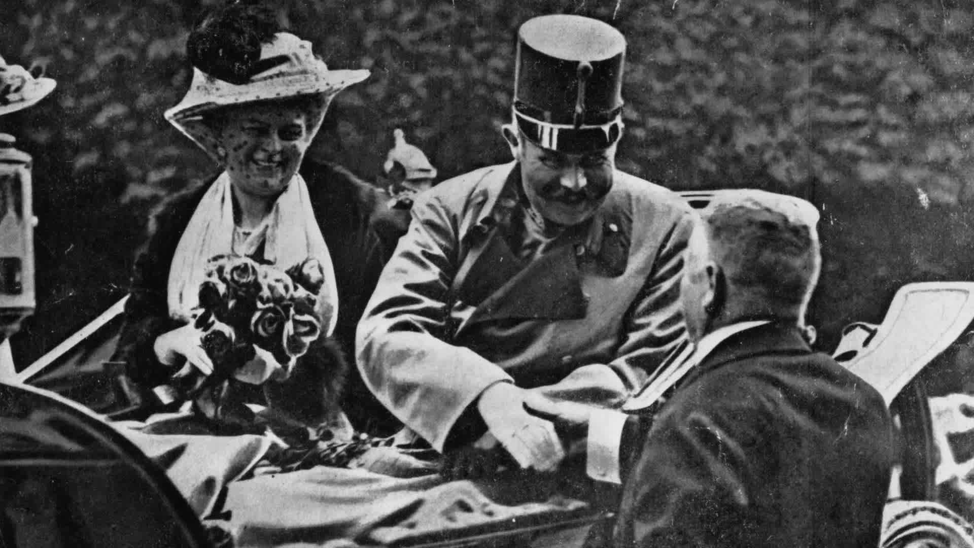 Franz Ferdinand, archduke of Austria, and his wife Sophie riding in an open carriage at Sarajevo shortly before their assassination.