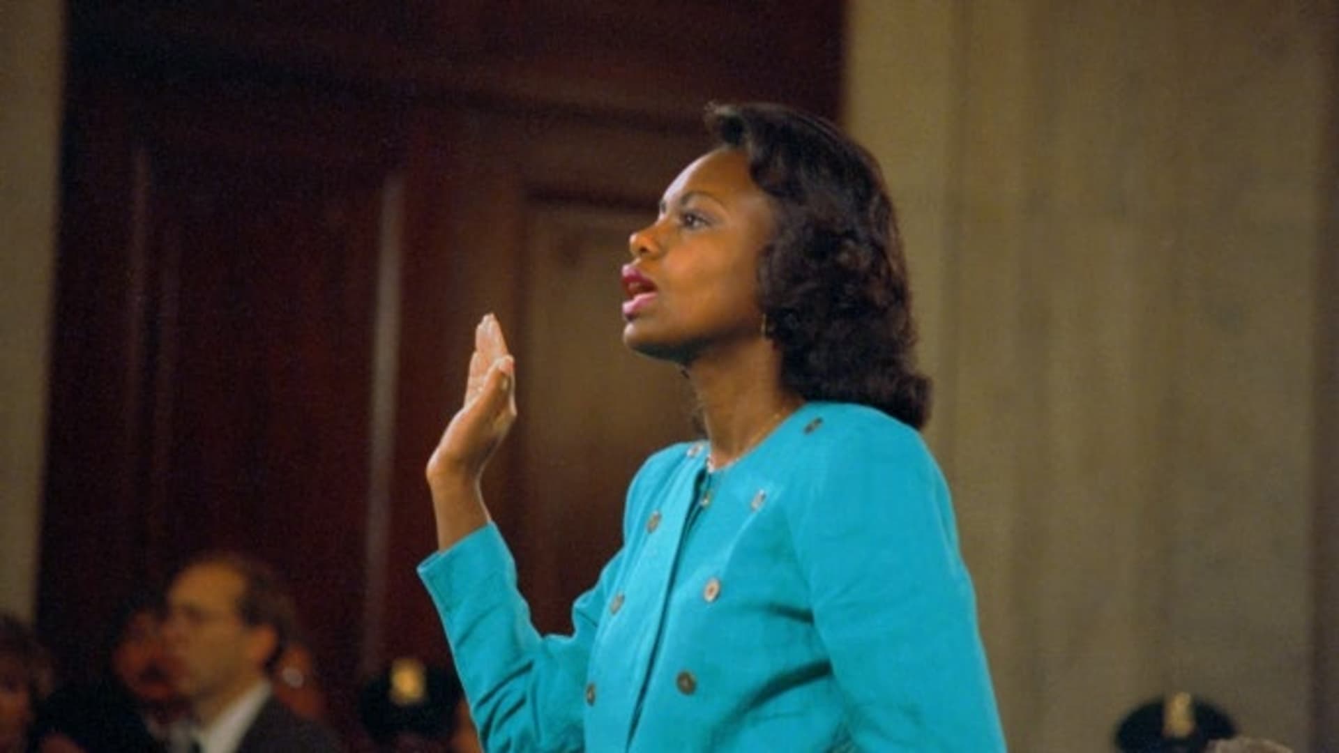 Professor Anita Hill being sworn-in before testifying at the Senate Judiciary hearing on the Clarence Thomas Supreme Court nomination. (Credit: Bettmann Archive/Getty Images)