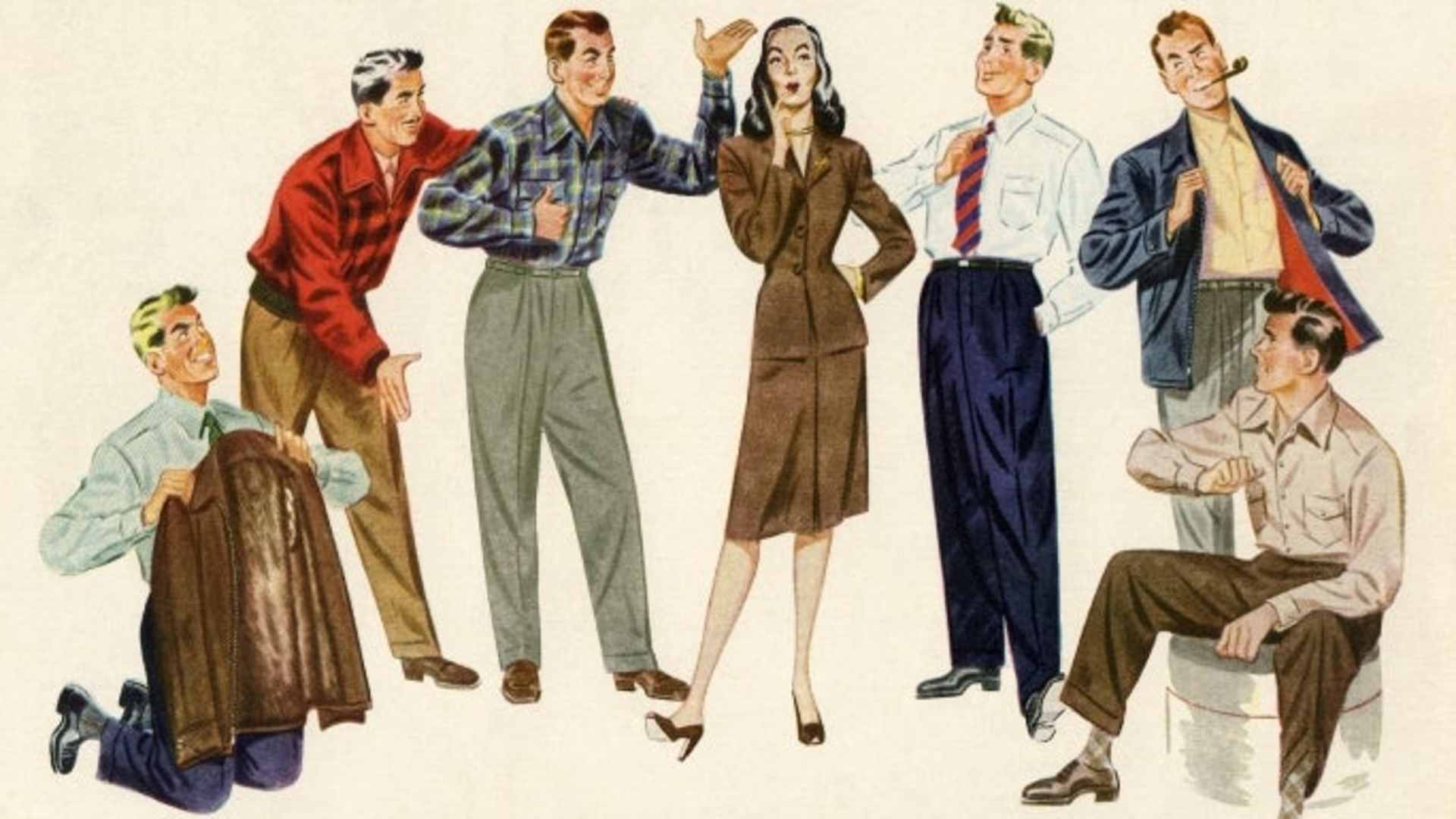 Vintage illustration of a woman choosing between a group of male suitors, 1946. (Credit: GraphicaArtis/Getty Images)