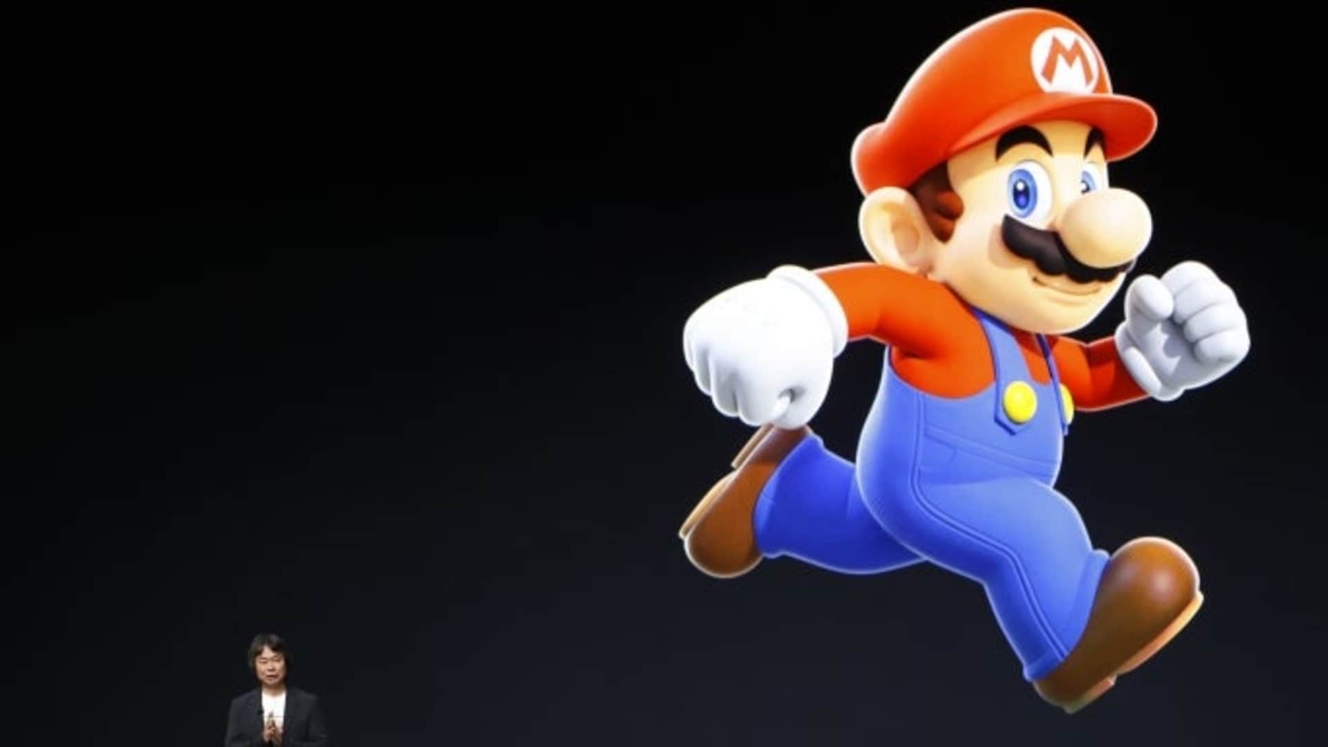 Shigeru Miyamoto, creative fellow at Nintendo and creator of Super Mario, speaks on stage during an Apple launch event, 2016.