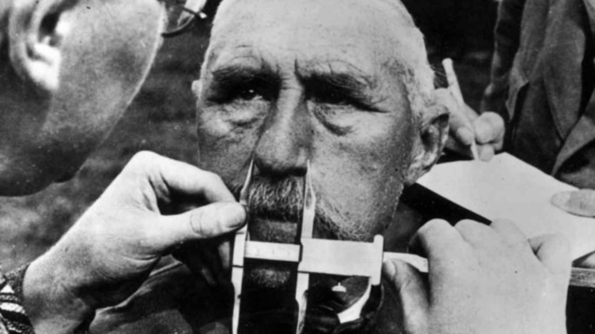A man having his nose measured during Aryan race determination tests under Nazi Germany's Nuremberg Laws