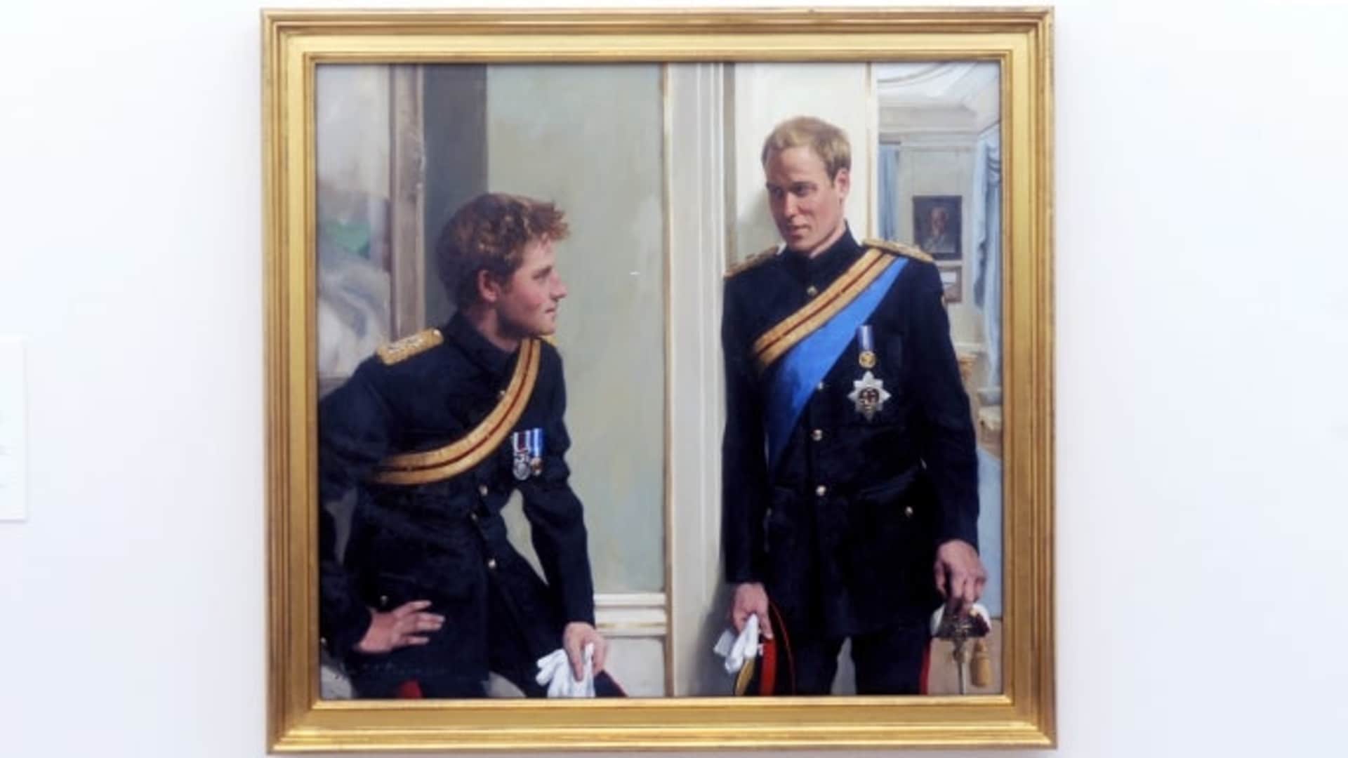 A double portrait painting, by artist Nicky Phillips, of Prince William and Prince Harry at the National Portrait Gallery. (Credit: Anwar Hussein/WireImage/Getty Images)