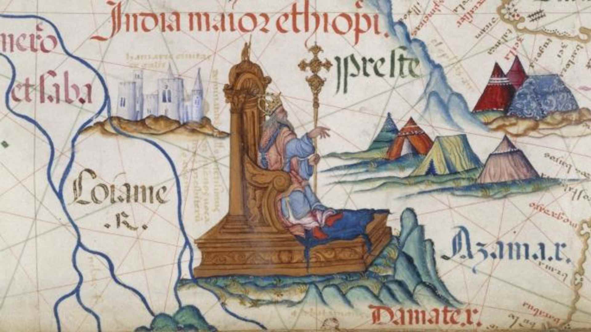 Illustration of Prester John on a map of East Africa 