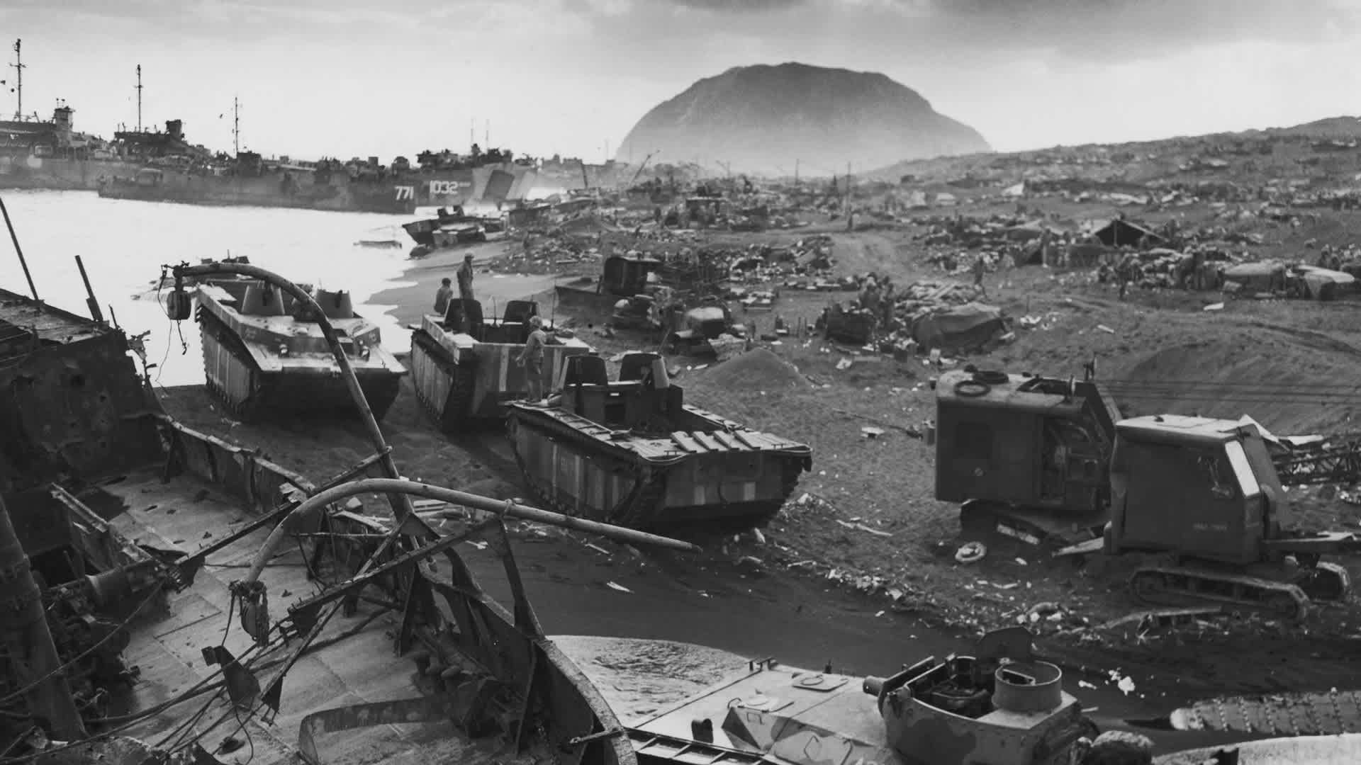Beach On Iwo Jima American landing craft and armoured vehicles on a beach during the Battle of Iwo Jima, February 1945. (Photo by FPG/Hulton Archive/Getty Images)
