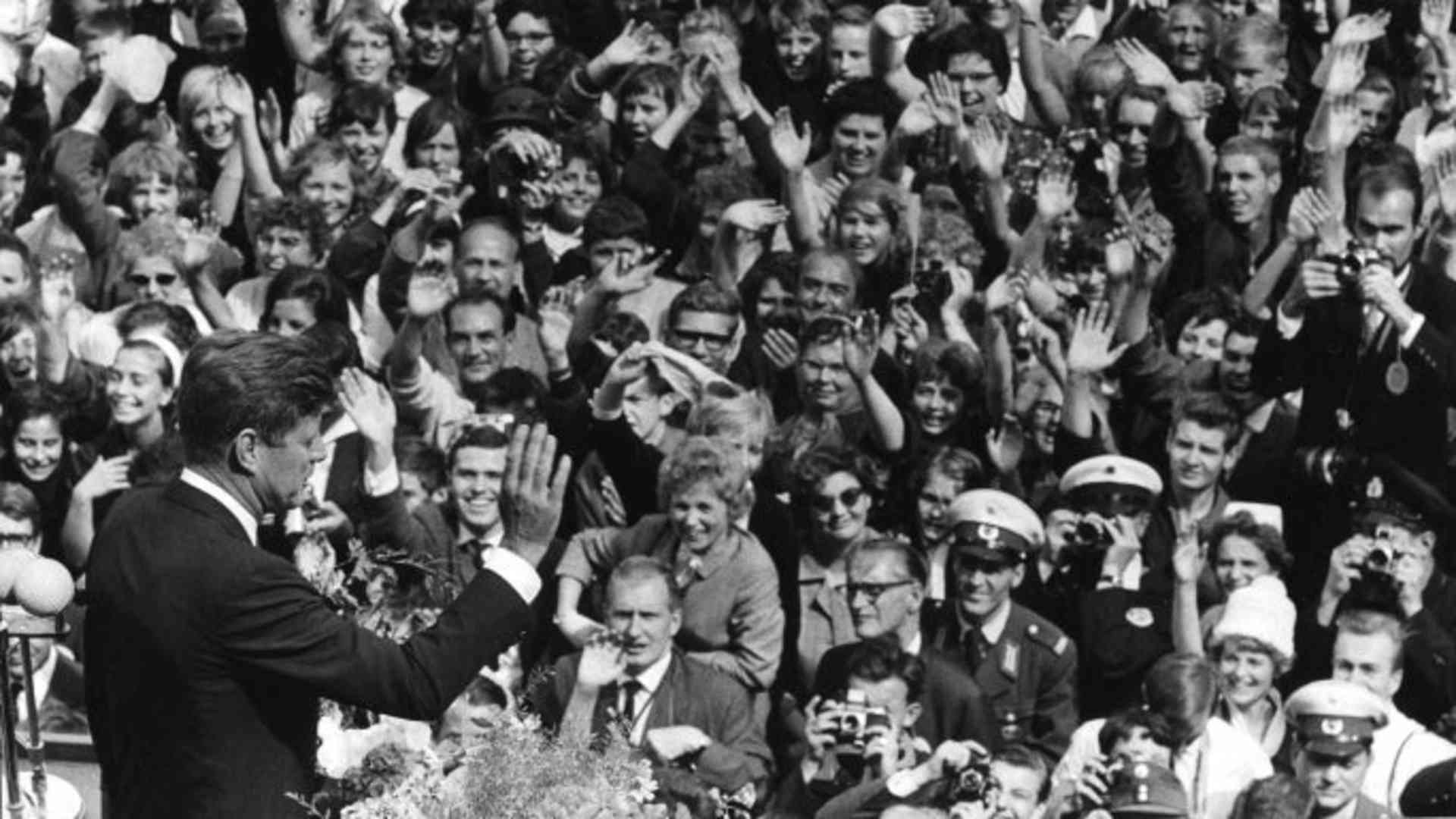 John F. Kennedy delivers a speech to a massive crowd in Berlin, Germany, June 26, 1963. (Credit: PhotoQuest/Getty Images)