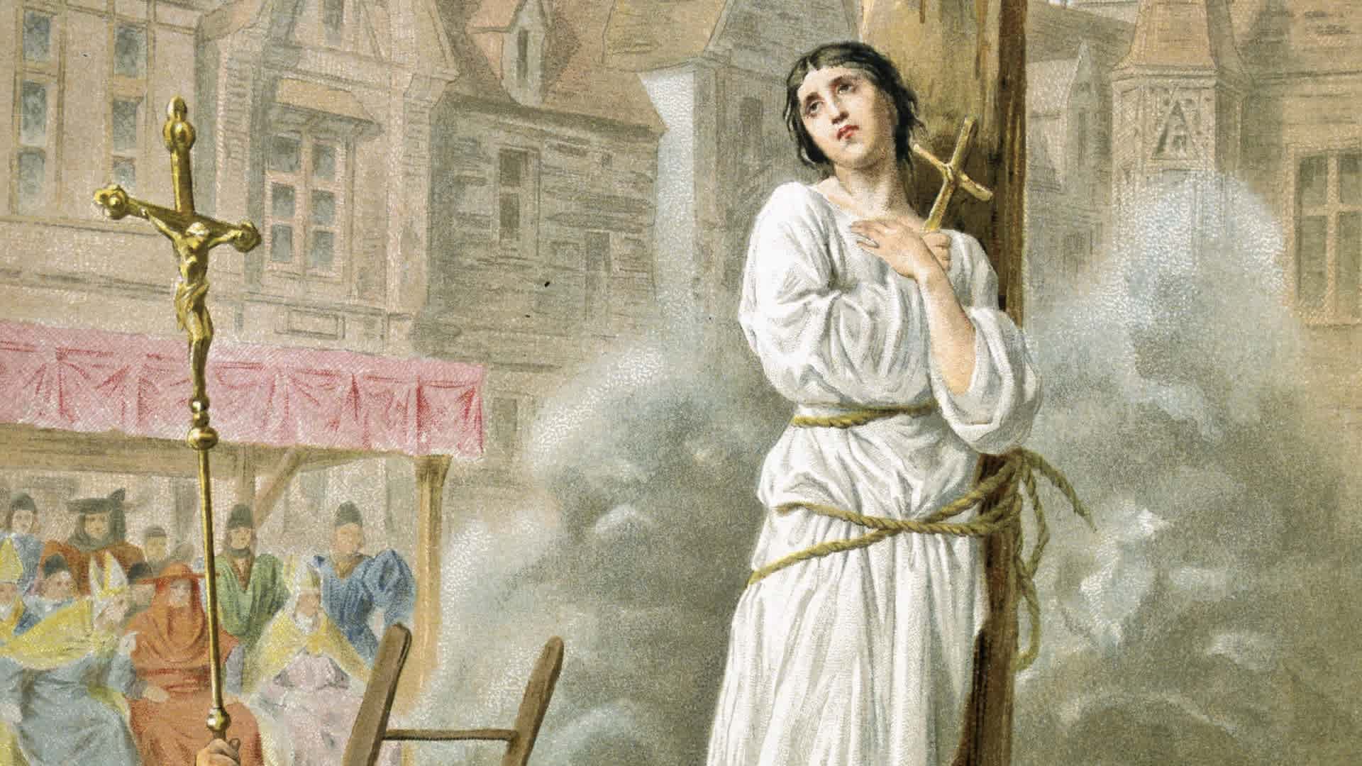 Joan of Arc (c1412-31) St Jeanne d'Arc, the Maid of Orleans, French patriot and martyr. Tried for heresy and sorcery and burnt at stake in market place at Rouen, 30 May 1431. 19th century chromolithograph.UNSPECIFIED - CIRCA 1754: Joan of Arc (c1412-31) St Jeanne d'Arc, the Maid of Orleans, French patriot and martyr. Tried for heresy and sorcery and burnt at stake in market place at Rouen, 30 May 1431. 19th century chromolithograph. (Photo by Universal History Archive/Getty Images)