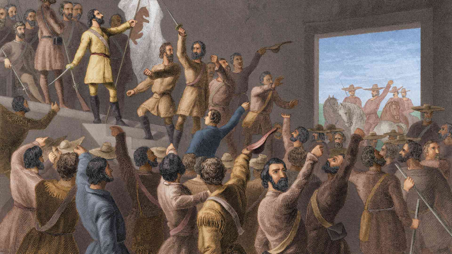 American soldier, explorer, and politician John C. Fremont (1813 - 1890) hoists the grizzly-bear flag of the California Republic as California settlers declare themselves independent of Mexico during the Bear Flag Revolt, Sonoma, California, June 10, 1846. (Photo by Stock Montage/Getty Images)