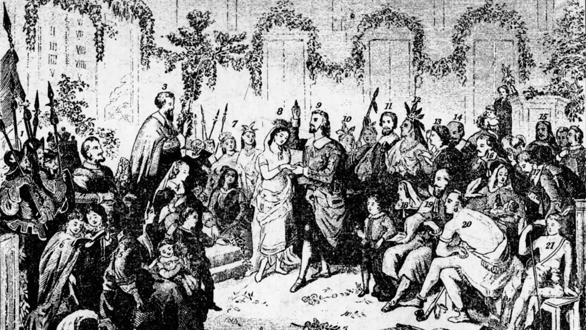 Illustration depicting the marriage ceremony of British colonist John Rolfe (1585 - 1622) to Native American Pocahontas (1595 - 1617), the daughter of Chief Powhatan of the Algonquian tribe, in 1614.