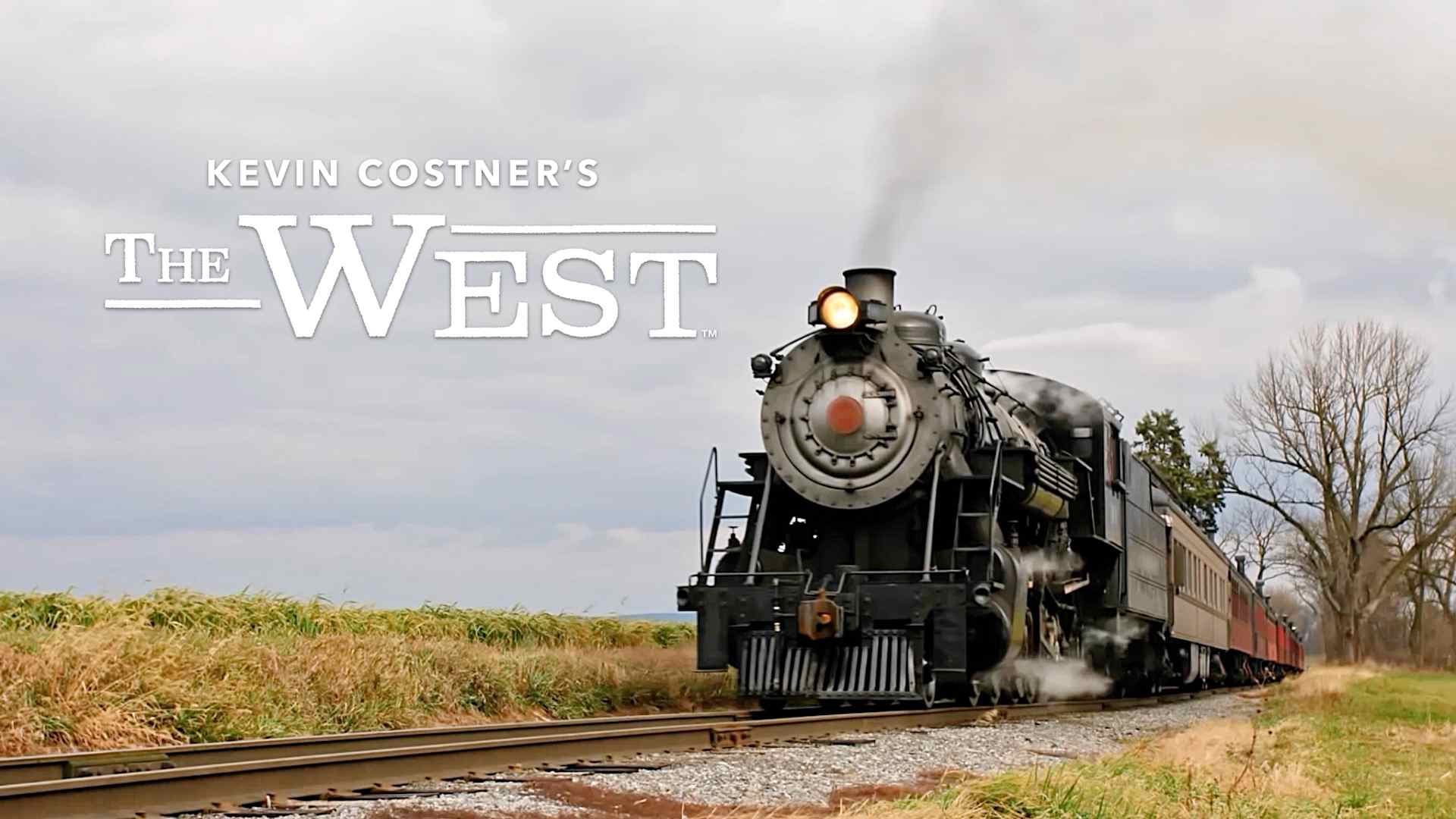 A vintage steam locomotive chugs along a rural railroad track, surrounded by a grassy field and a cloudy sky in the background.
