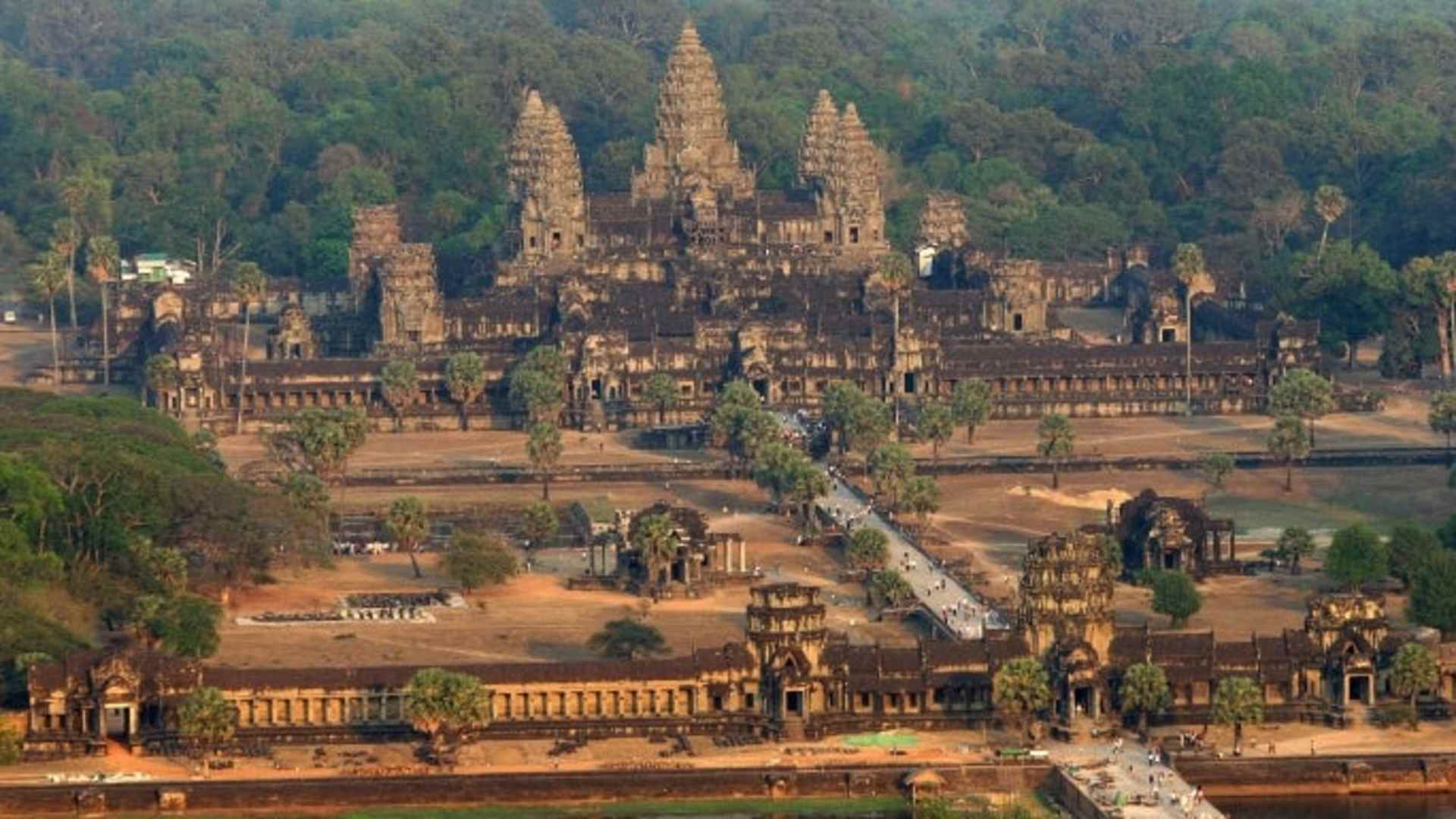 An aerial view of the Angkor Wat temple in Siem Reap