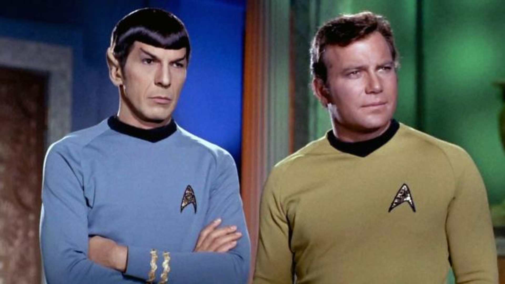 Leonard Nimoy as Mr. Spock and William Shatner as Captain James T. Kirk.