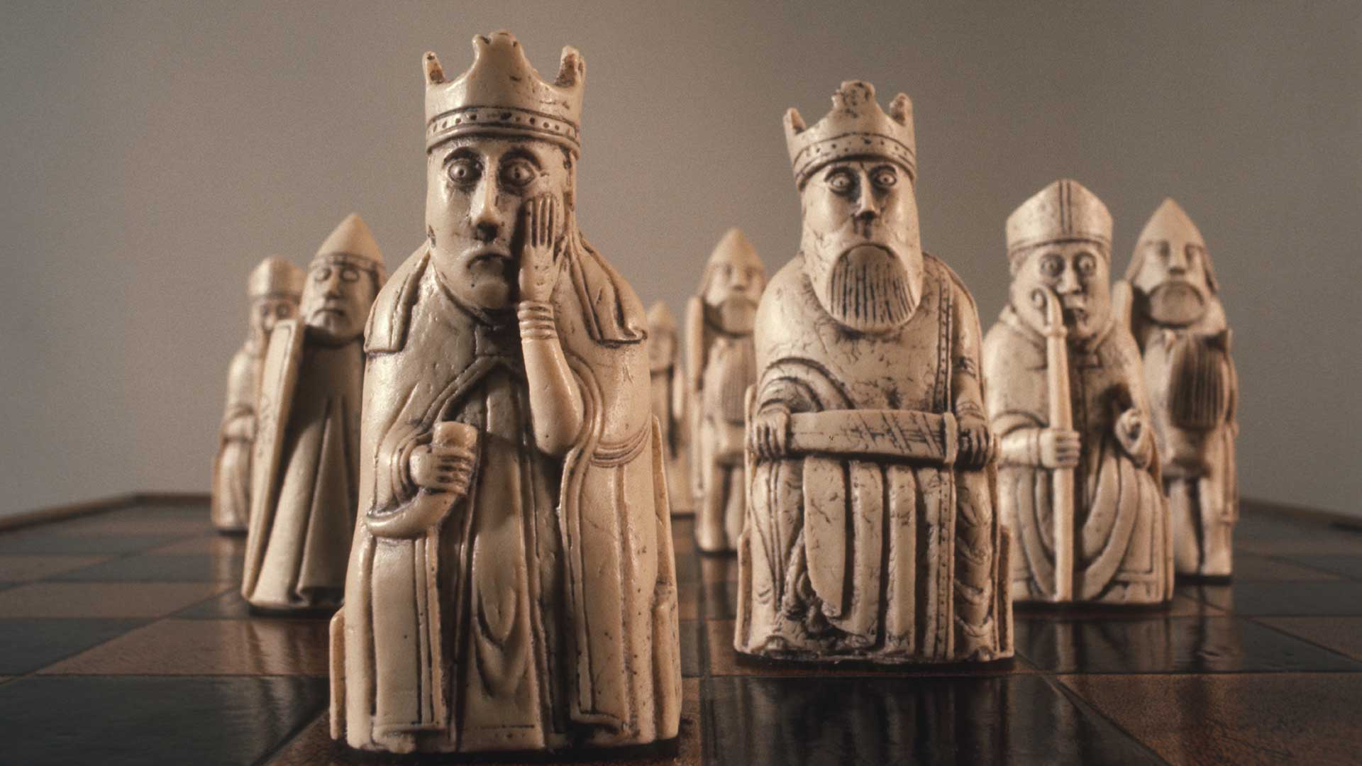 A close up of the Isle of Lewis Chessmen reveals their comic expressions.