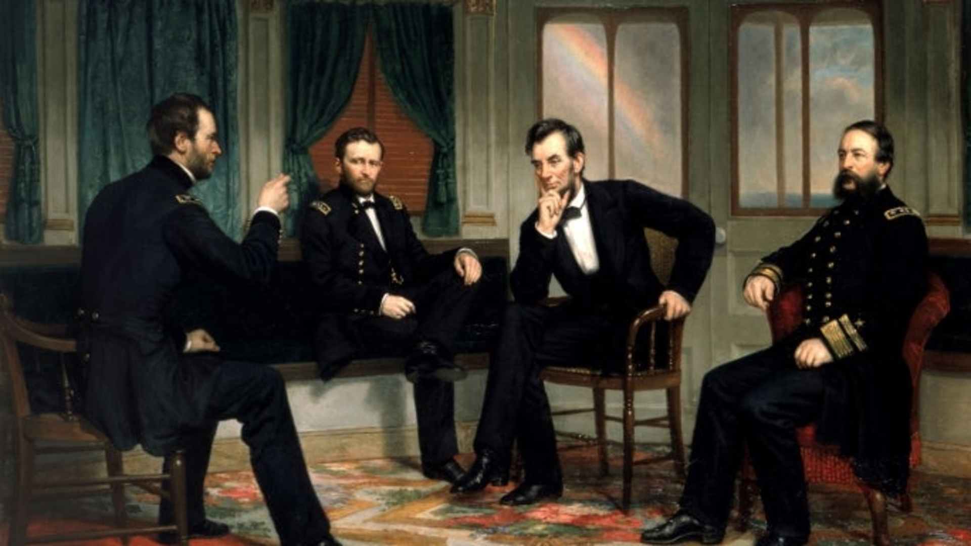 "The Peacemakers," by artist George P.A. Healy, depicts the March 1865 meeting between William T. Sherman, Ulysses S. Grant, Abraham Lincoln and David D. Porter.