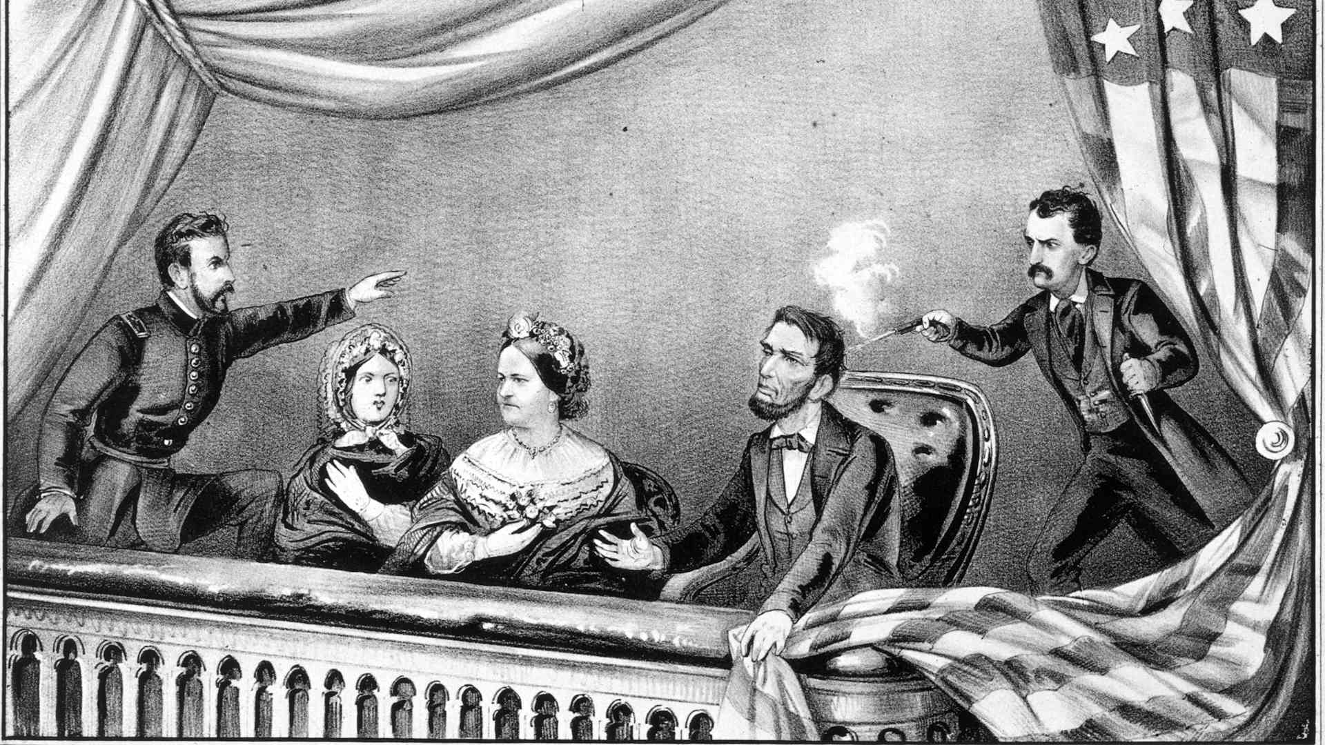 The assassination of Abraham Lincoln by John Wilkes Booth at Ford's Theatre, Washington, D.C. Engraving by Currier & Ives.