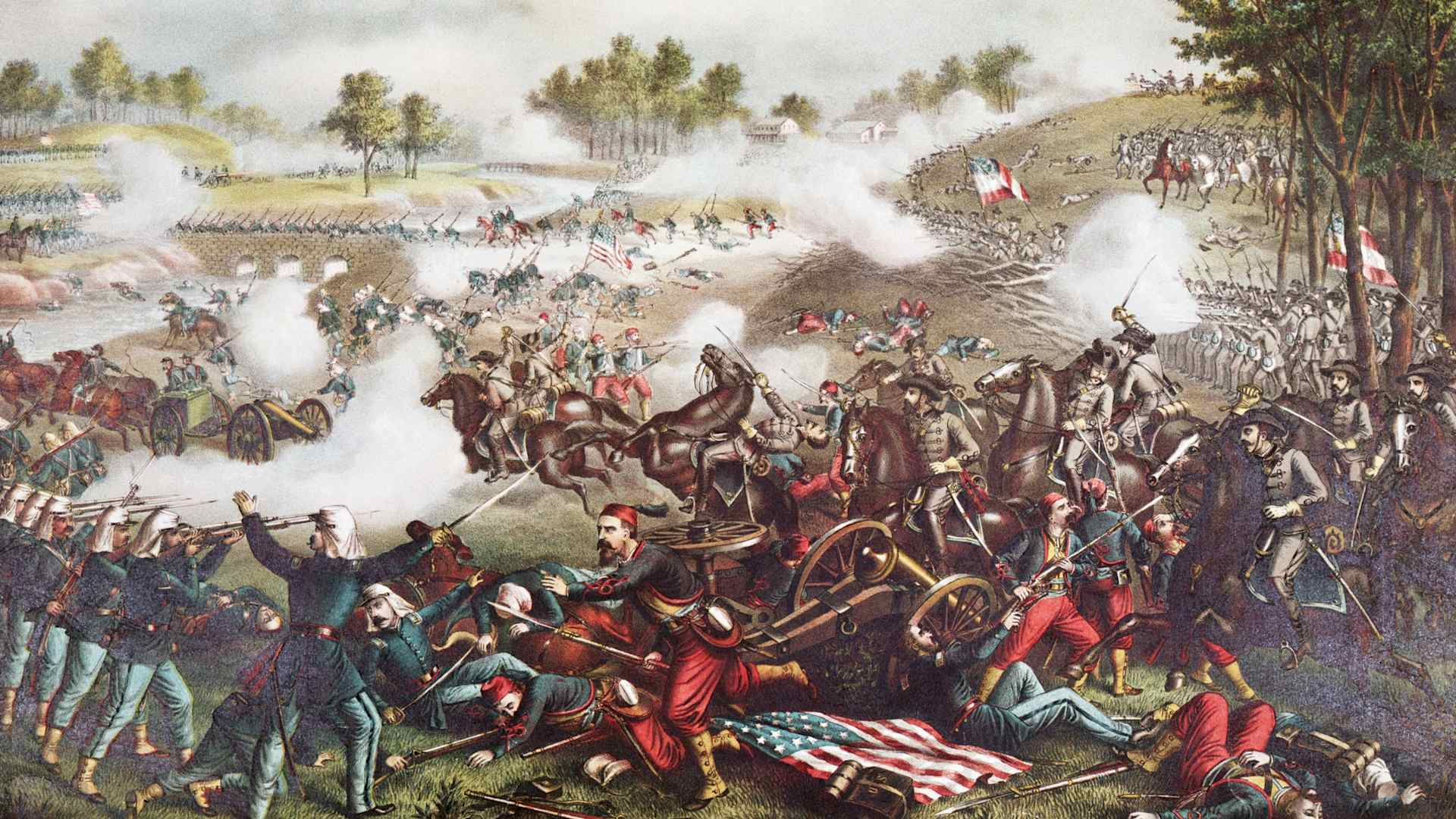 Illustration showing a scene from the First Battle of Bull Run, between Union and Confederate forces, during the American Civil War, near Manassas, Virginia, July 21, 1861. Print by Kurz and Allison. (Photo by PhotoQuest/Getty Images)