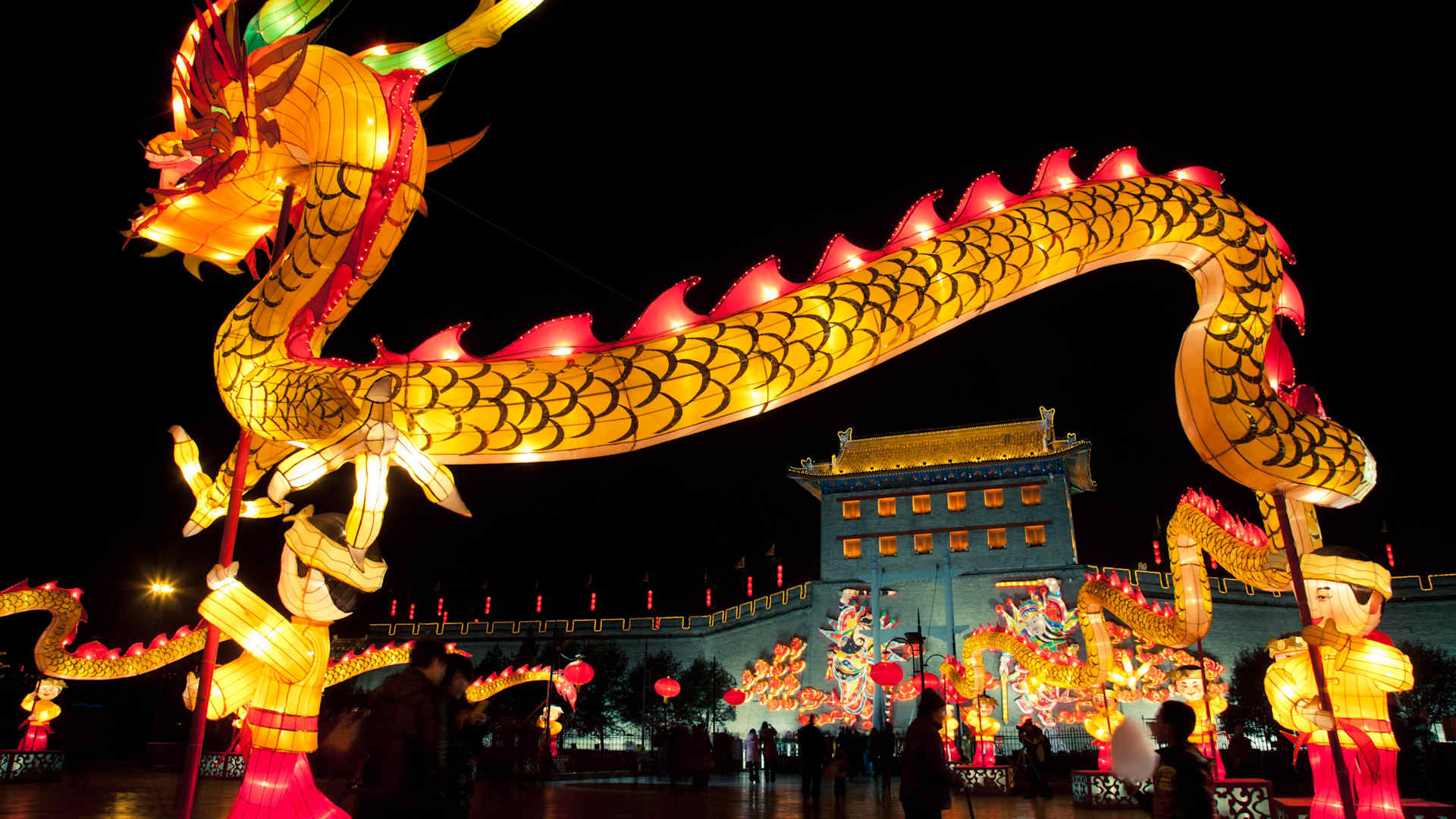 A lit-up dragon lantern at a Chinese New Year Spring Festival celebration in Xi'an, China.
