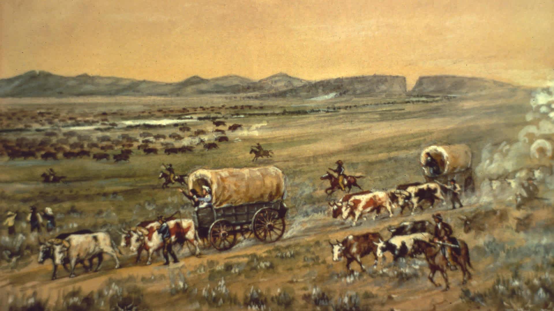 The Oregon Trail'The Oregon Trail Beyond Devil's Gate', Wyoming - by W H Jackson. (Photo by MPI/Getty Images)