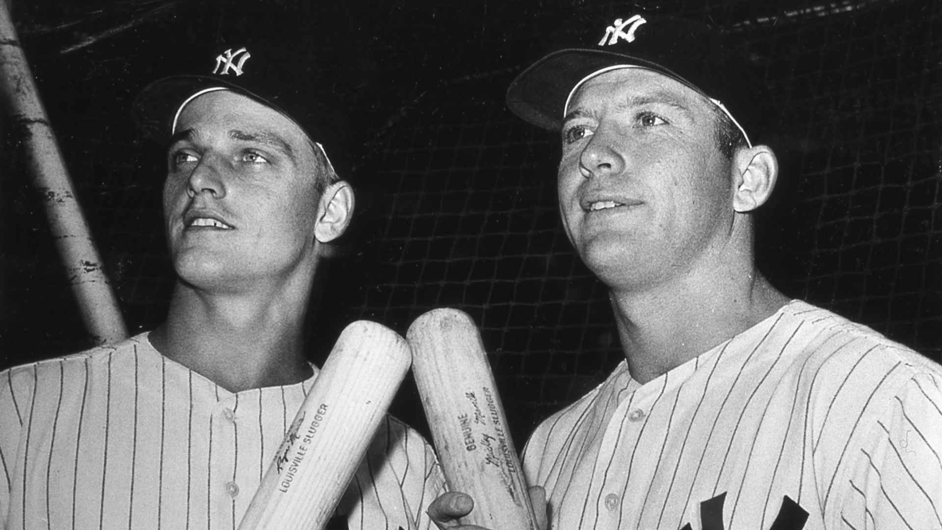 Portrait of American baseball players Roger Maris (1934 - 1985) (left) and Mickey Mantle (1931 - 1995), both of the New York Yankees, as they pose together before a game at Yankee Stadium, New York, New York, 1961. (Photo by Transcendental Graphics/Getty Images)