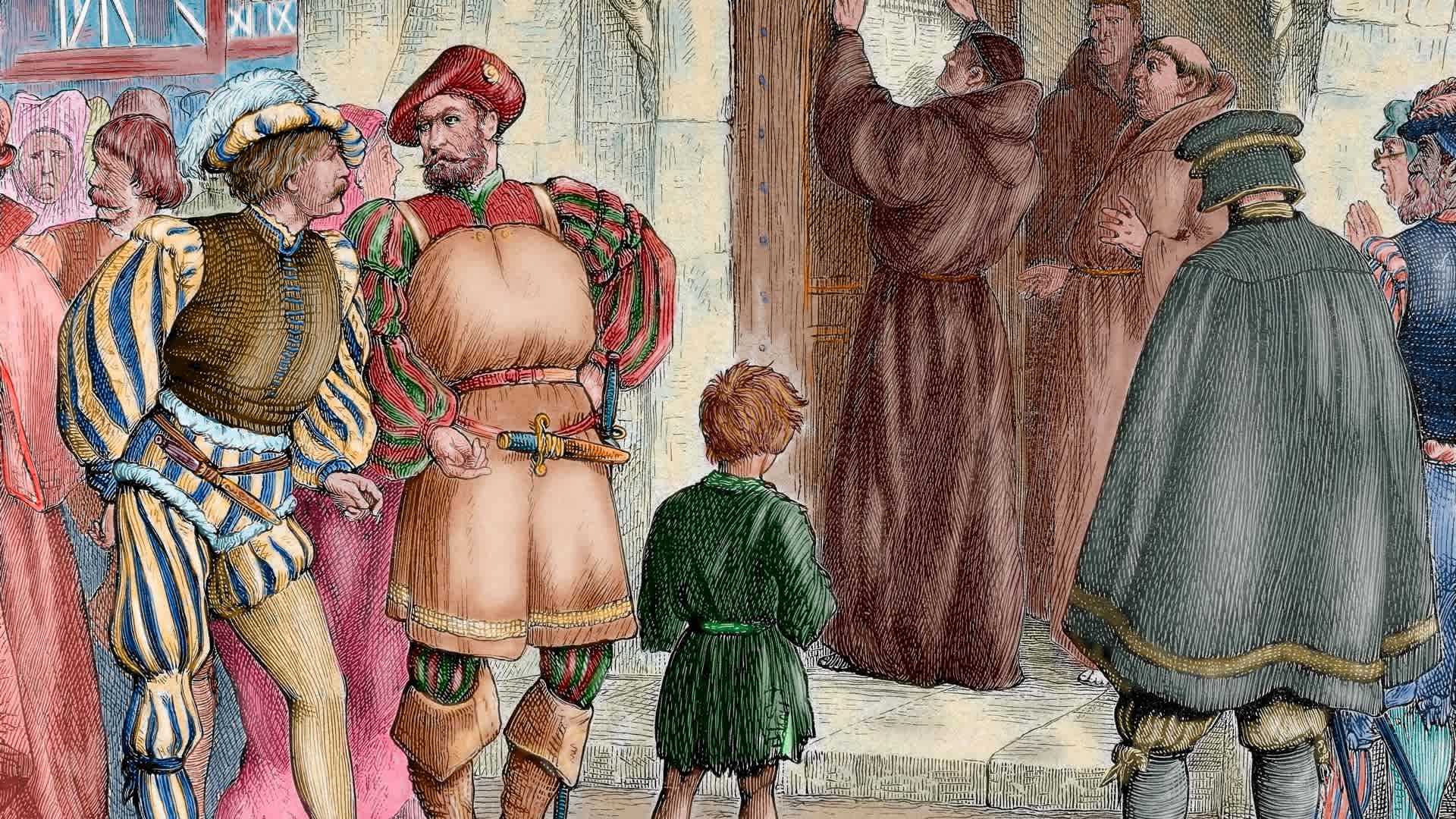 Martin LutherMartin Luther, (Eisleben, 1483, Eisleben, 1546), German reformer, Doctor of Theology and Augustinian priest, In 1517, outlined the main thesis of Lutheranism in Wittenberg, He was excommunicated in 1520, Martin Luther nailed to the door of the Wittenberg castle church his Ninety-Five Theses on the Power and Efficacy of Indulgences (31/10/1517), Colored engraving. (Photo by Prisma/UIG/Getty Images)