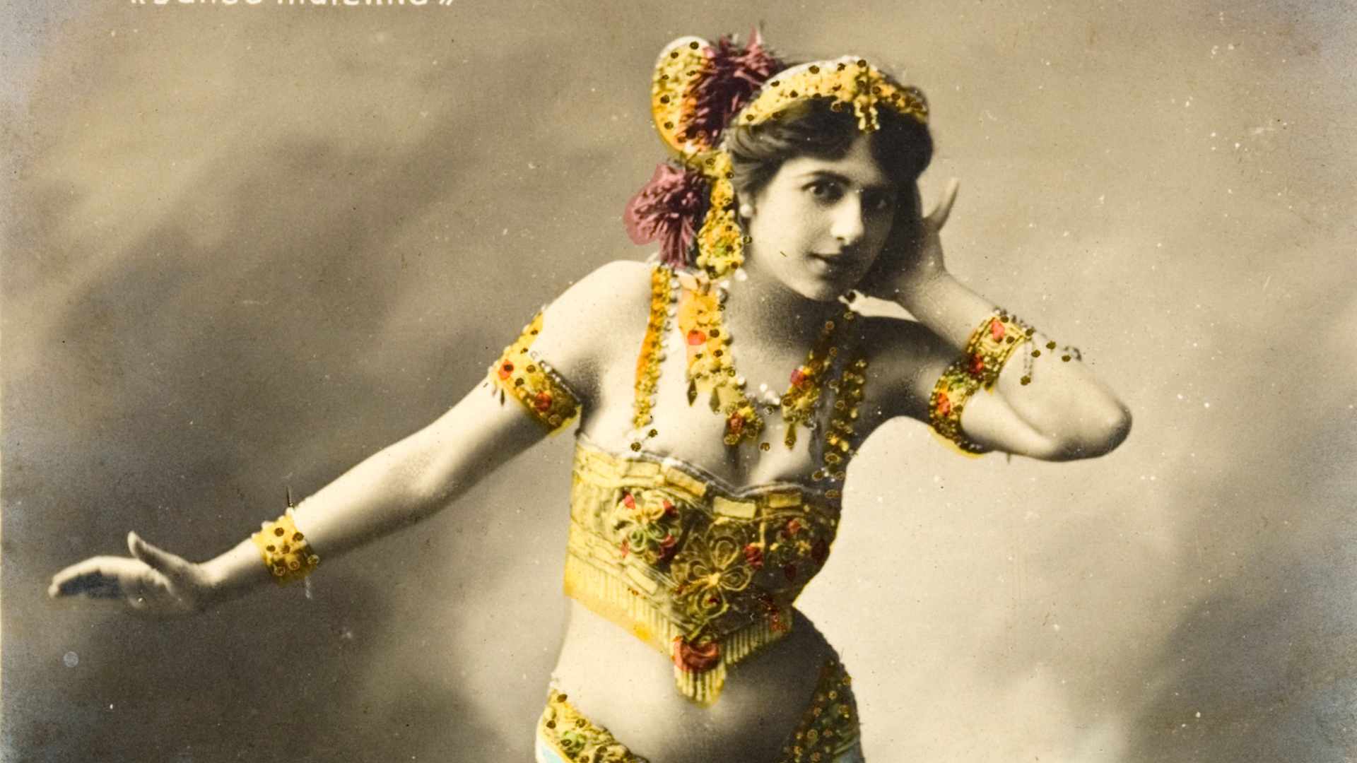 Hand colored postcard of Mata Hari performing , 1907