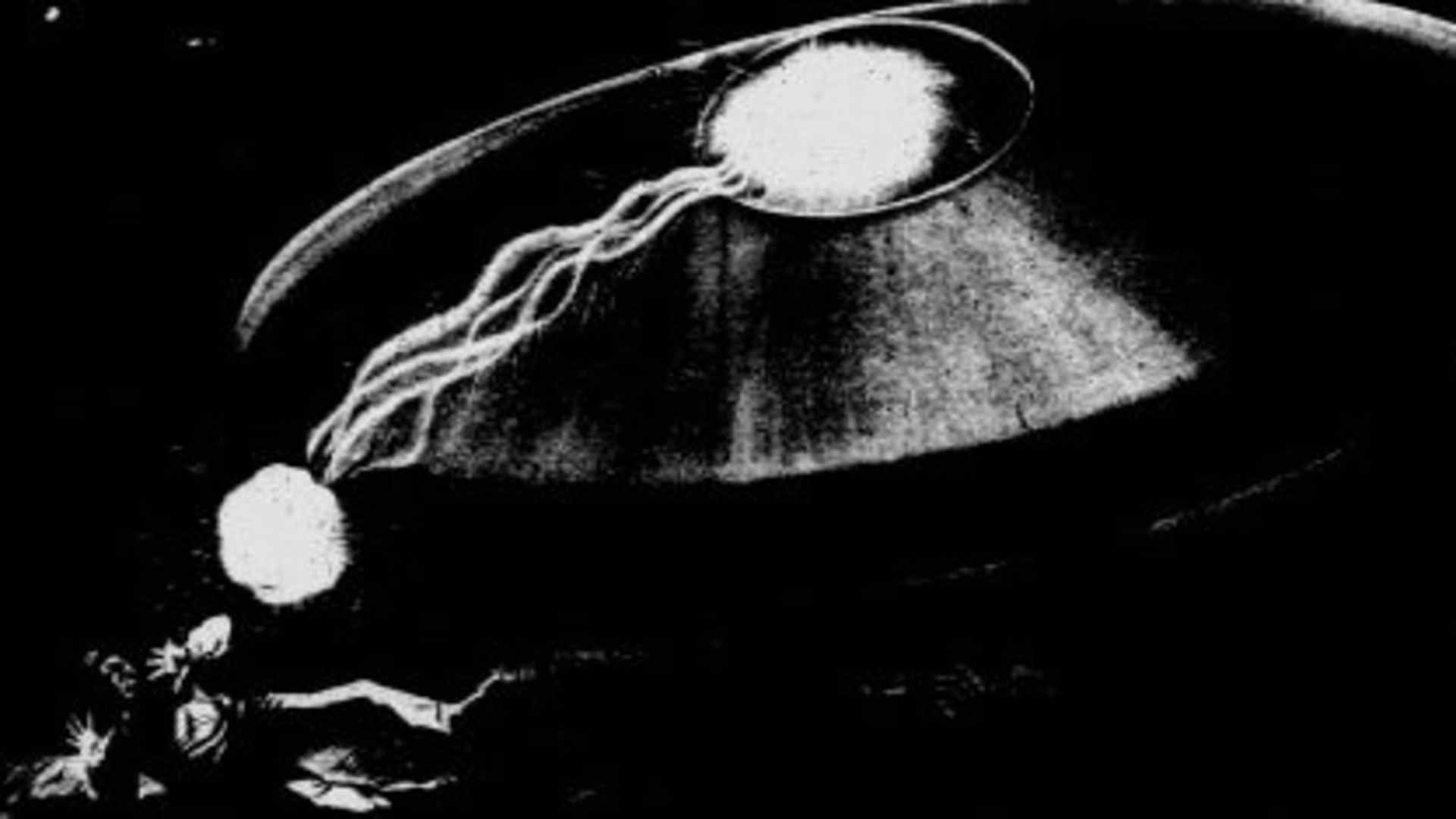 An illustration depicting Scoutmaster D.S. 'Sonny' DesVergers' encounter with a flying saucer that burned him.