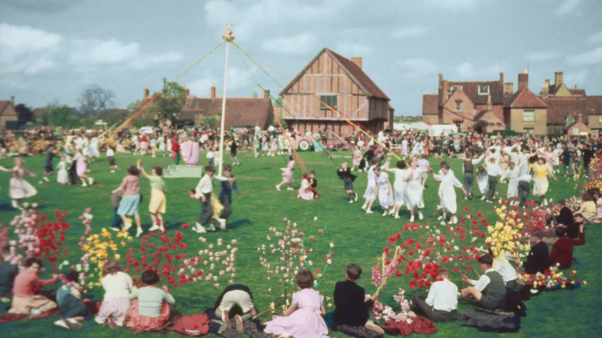 Elston May FestivalA general view on the village green during the Maypole dancing, a feature of the Elston May festival, Bedfordshire, England on May 5, 1955. (Photo by Hulton Archive/Getty Images)