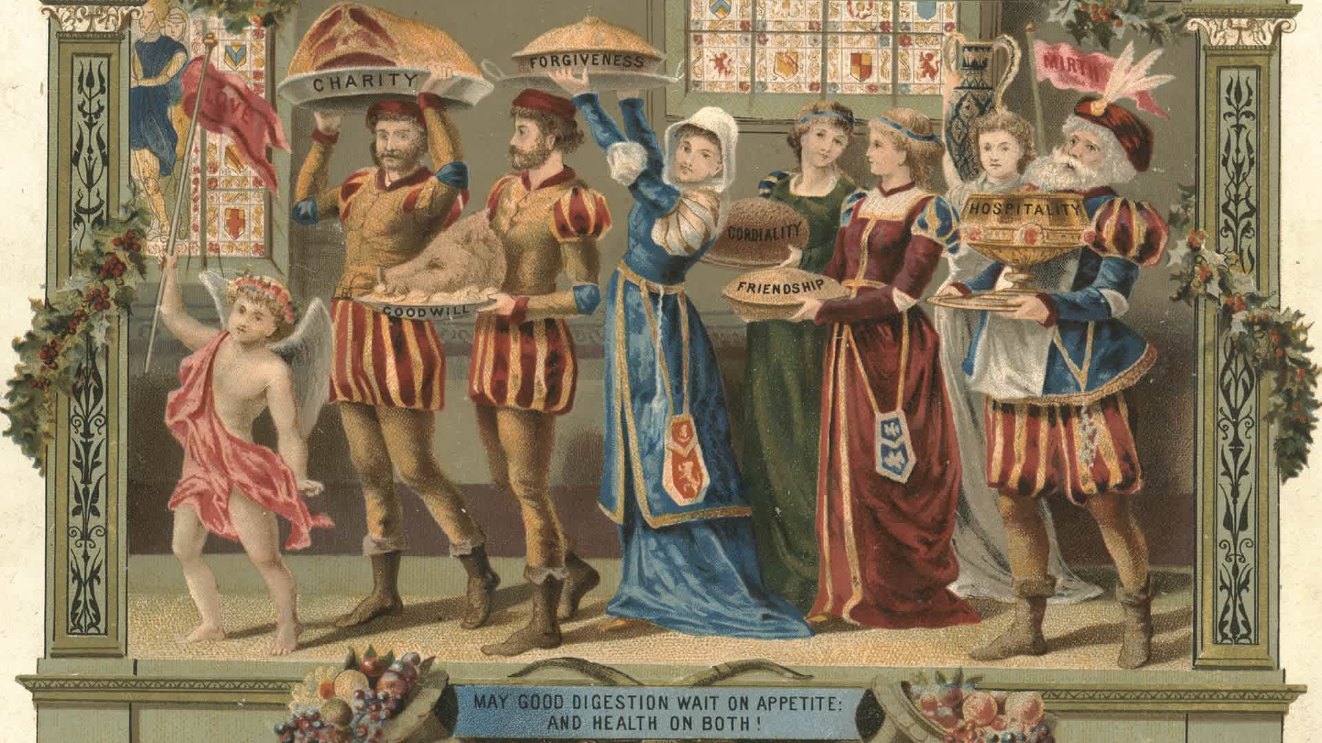 Christmas greeting card showing dinner foods as virtues circa 1880.