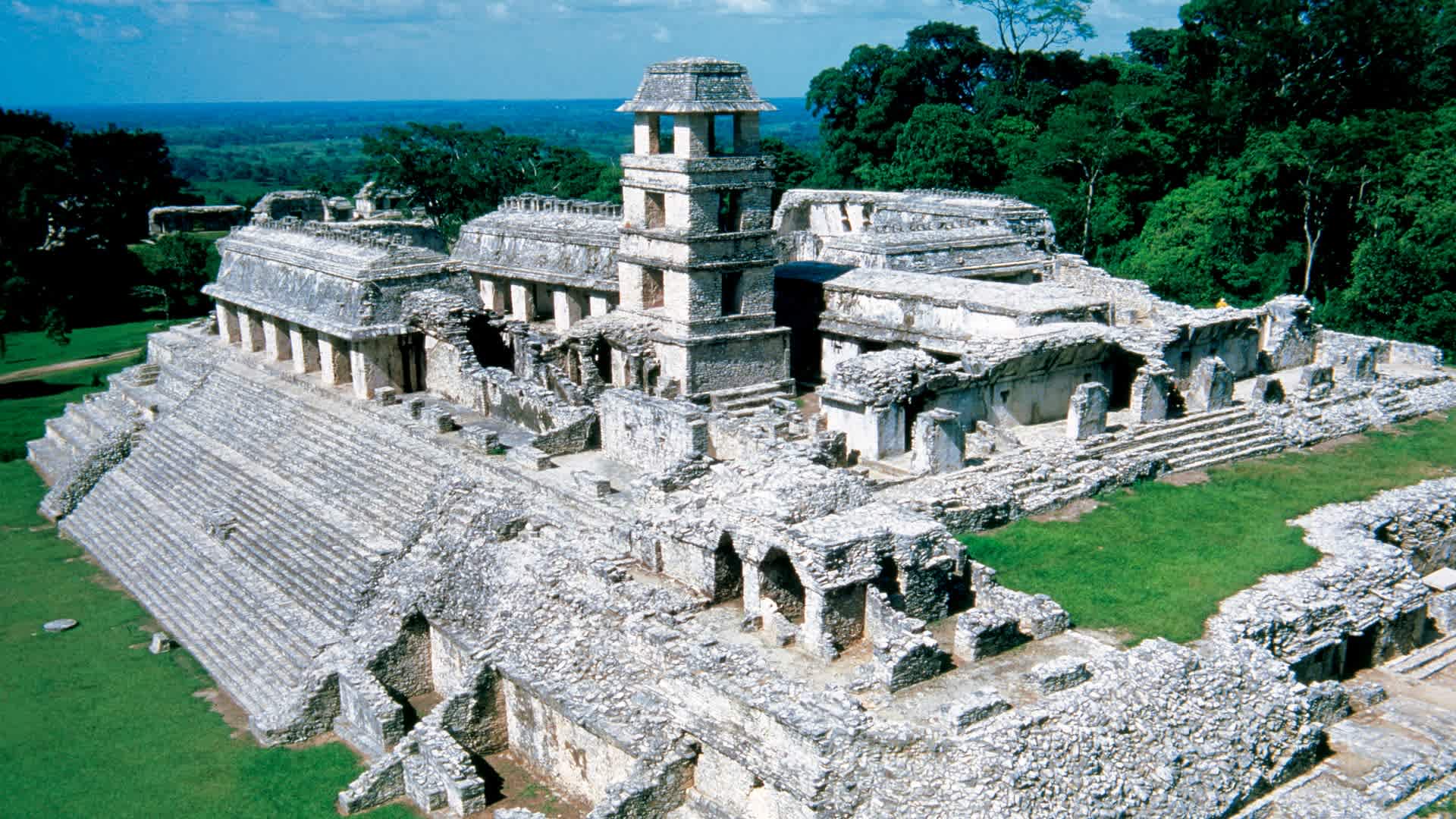 Palenque Archeological site.Pre-Columbian Art. Maya. Mexico. 7th - 8th centuries. Palenque Archaeological Site, set of buildings constructed on an artificial platform. Declared a World Heritage Site by UNESCO. State of Chiapas. (Photo by: PHAS/Universal Images Group via Getty Images)