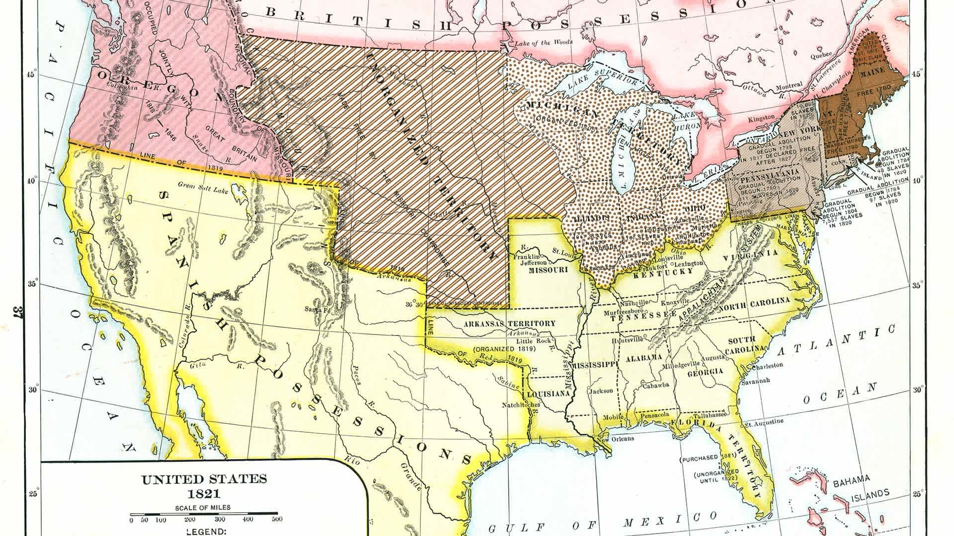 Map illustrates the status of slavery in the United States in 1821. Published in 1920, it shows Free States (brown), states undergoing gradual abolition (light brown), free states via the Ordinance of 1787 (dotted), free states via the Missouri Compromise (striped), and slave-holding states (yellow).