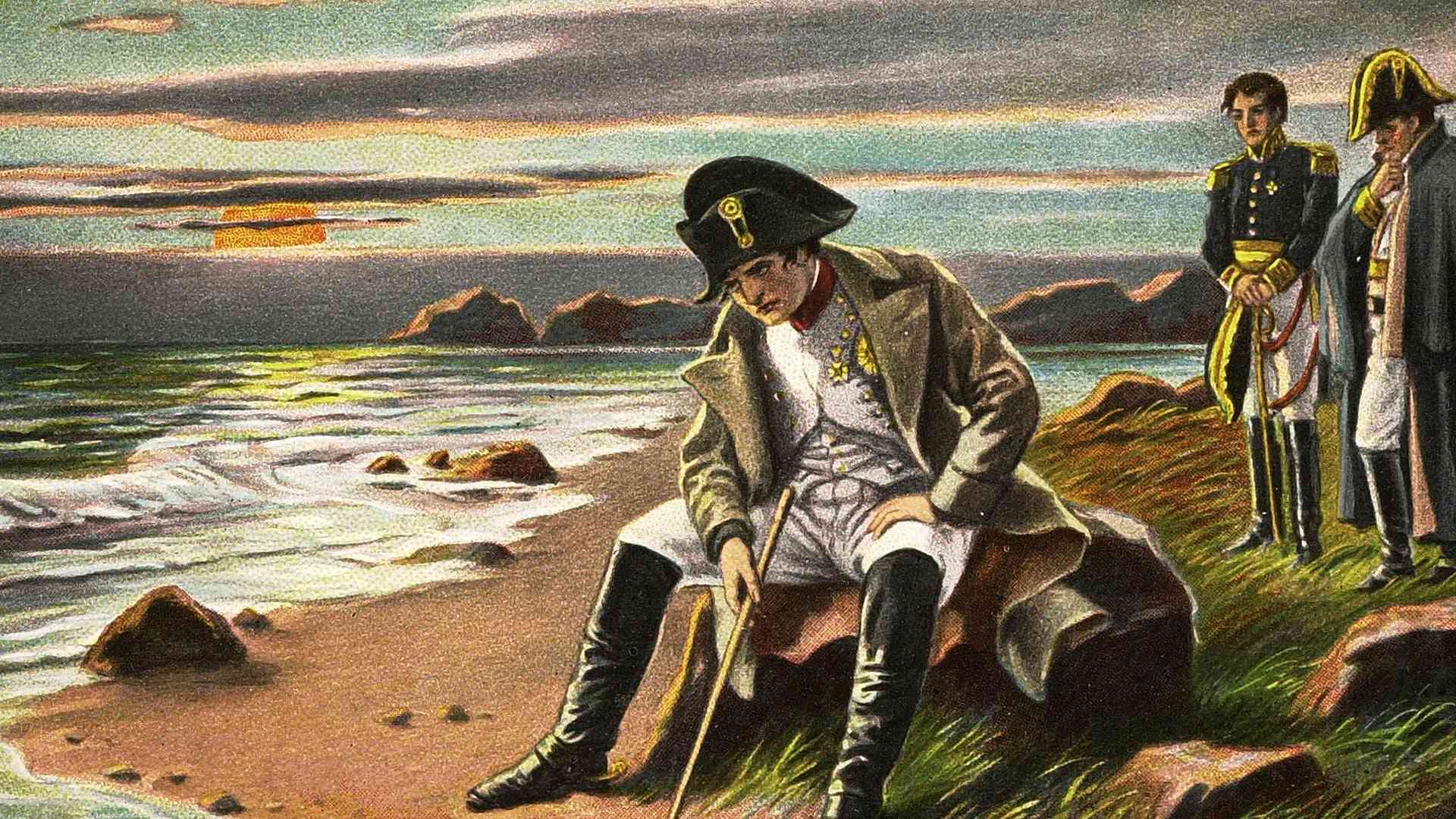 Napoleon Bonaparte depicted in exile on the island of Saint Helena, as he traces the letter "N" in the sand, 1815.