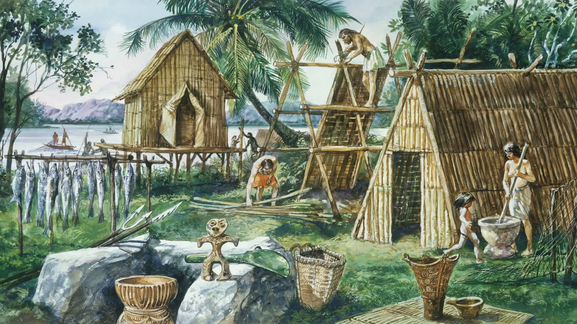 Reconstruction of settlement of late Jomon period, Japan, illustrationUNSPECIFIED - CIRCA 1900: Prehistory, Neolithic, Japan. Reconstructed late Jomon period settlement. Drawing. (Photo By DEA PICTURE LIBRARY/De Agostini via Getty Images)