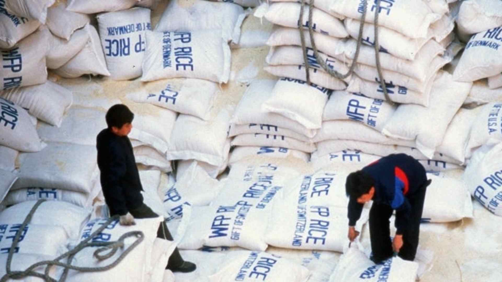 Rice flown into North Korea, by the U.N. World Food Program, being unloaded in answer to the famine caused by severe floods, 1996. (Credit: AP Photo/HO)