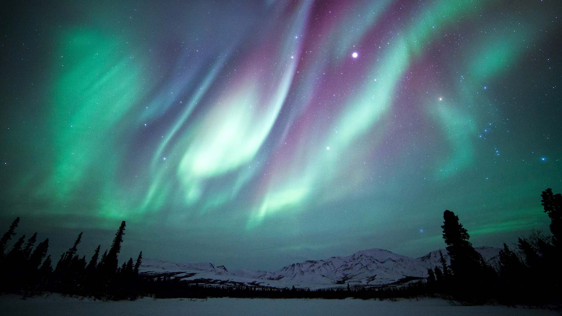 The Aurora Borealis, Orion and Jupiter over Denali National Park in Alaska.