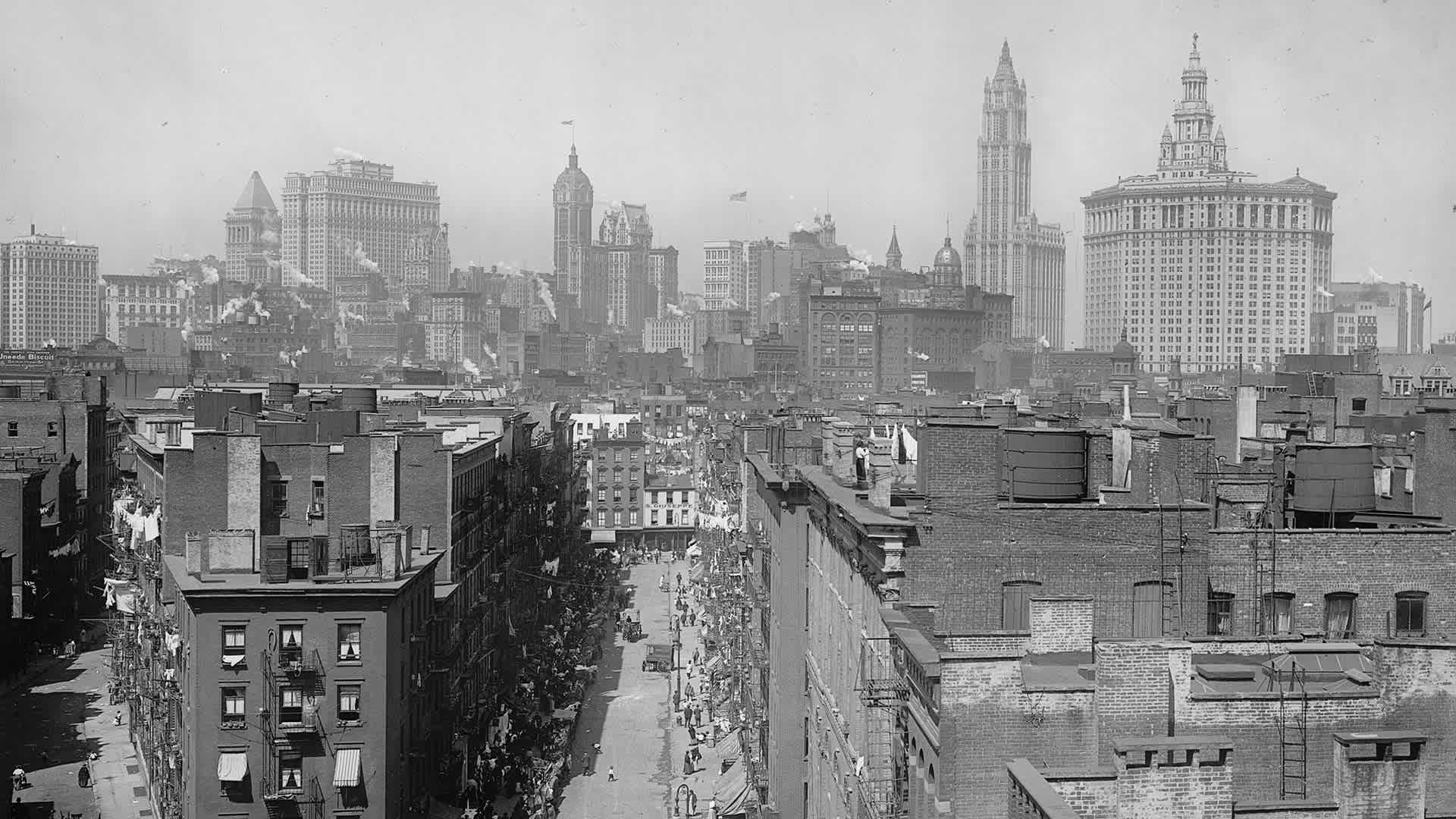 View of the lower Manhattan, as seen from the Manhattan Bridge, New York, New York, 1910.