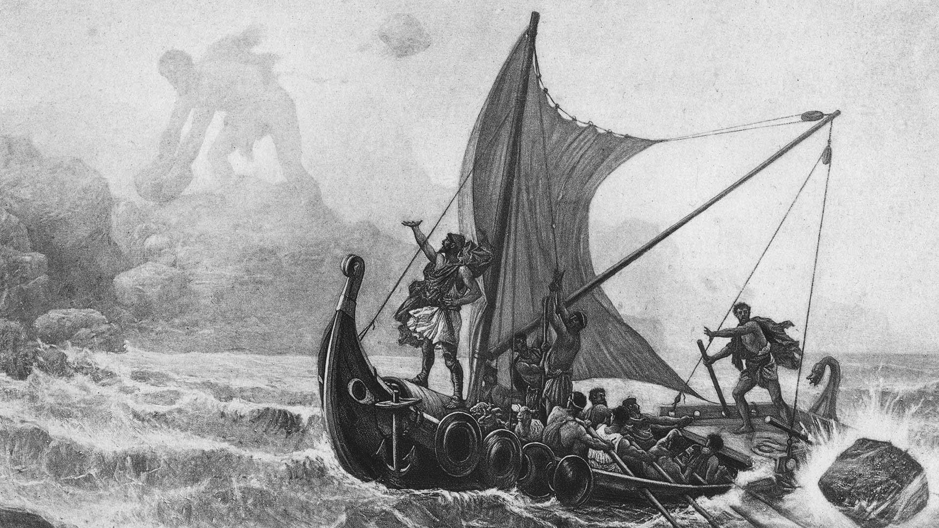 Odysseus on his ship, challenging Cyclops.