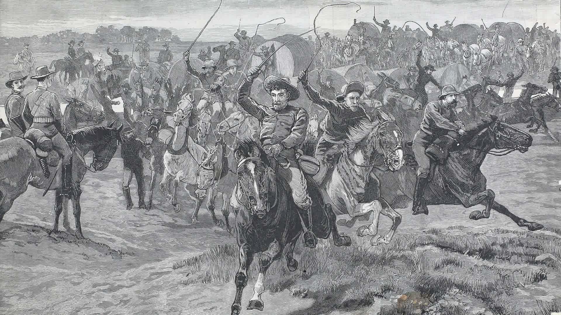 The Rush for the Promised Land' - horsemen crossing the border into Oklahoma during the Gold Rush, USA, 1889