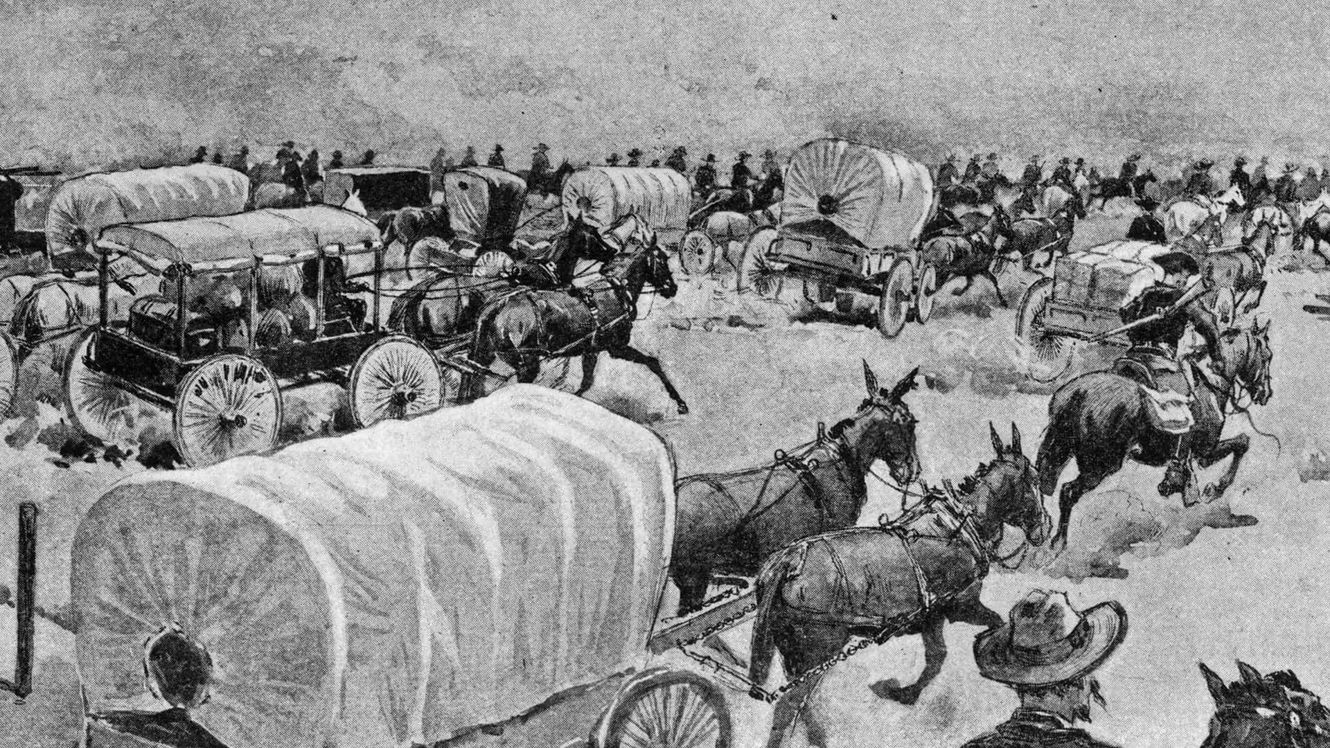 16th September 1893: More than 100,000 hopeful settlers rush onto the Cherokee Strip in Oklahoma on the day that it was opened to colonisation after the removal of all Native Americans. Original Artwork: Engraving by V Perard after H Worrall.