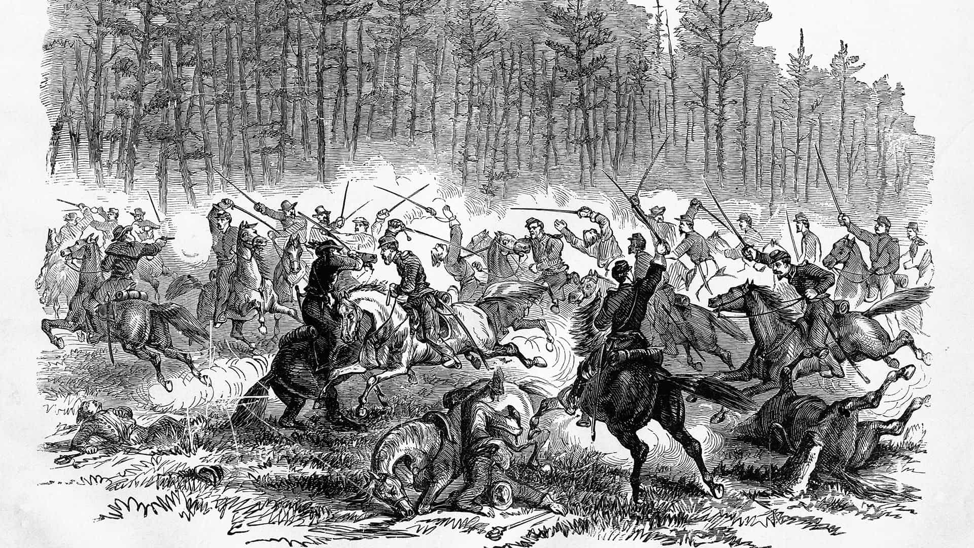 Members of the Sixth United States Cavalry charge Jeb Stuart's Confederate Cavalry during the Peninsula Campaign of the American Civil War, May 1862. Illustration dates from 1893.