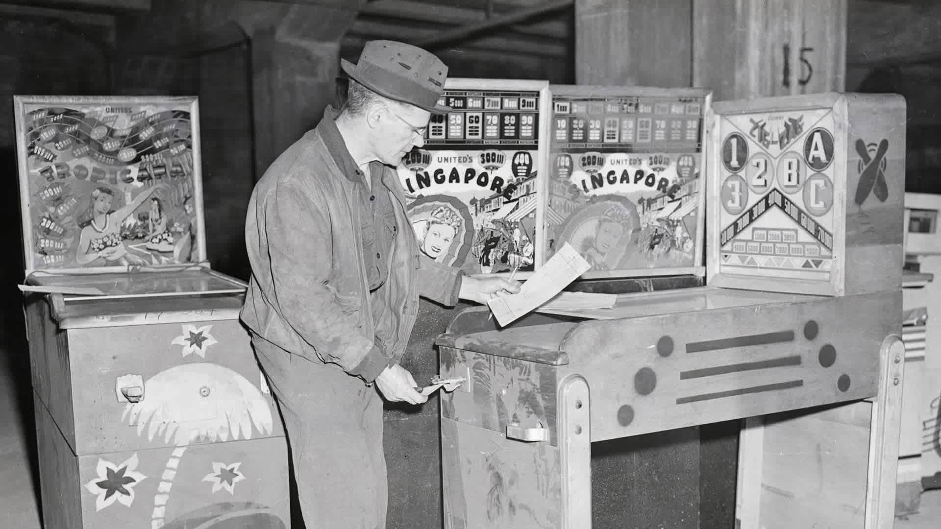 Pinball machines moved to police warehouse, Meeker Avenue in Greenpoint, Brooklyn.