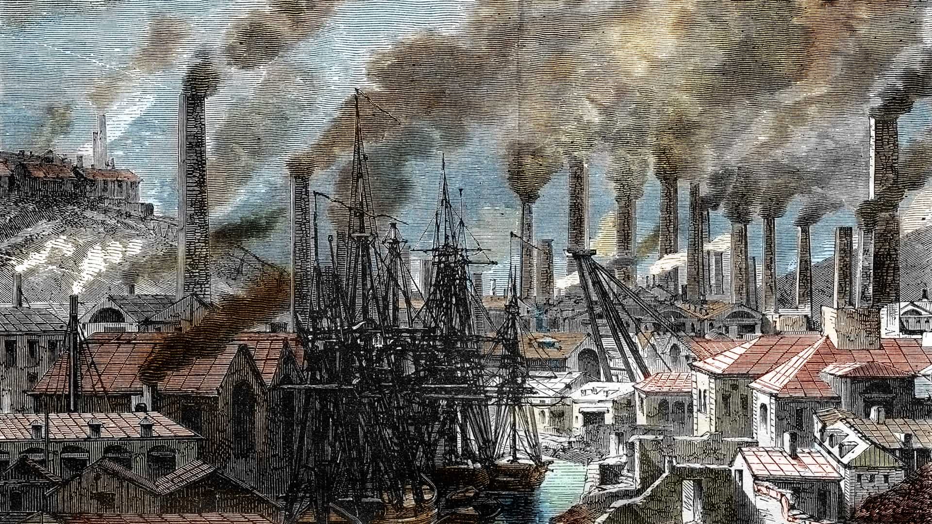 Pollution from copper factories in Cornwall, England, as depicted in an engraving from History of England by Rollins, 1887.