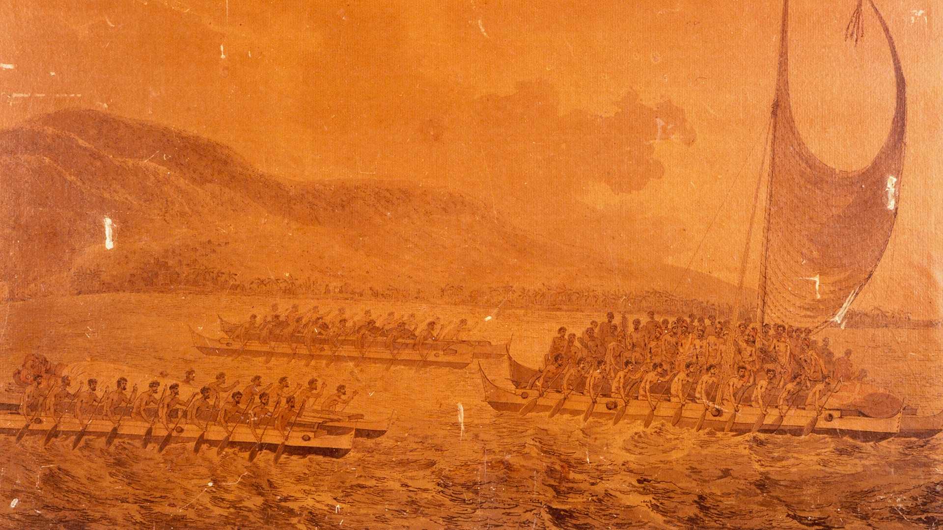 Polynesian canoes, circa 1768.