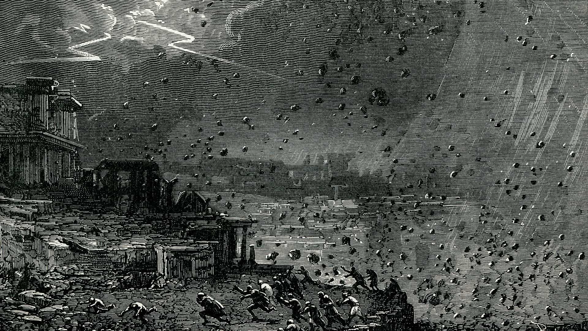 Vintage engraving from 1883 of the destruction of Pompeii in AD 79 by the eruption of Mount Vesuvius.